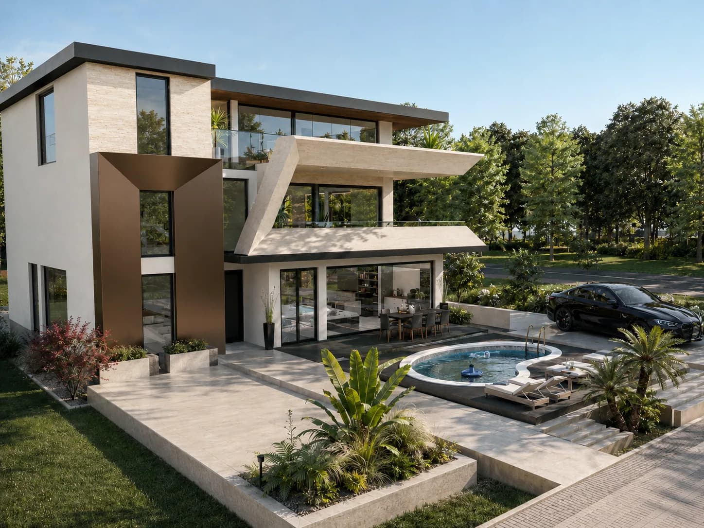 Altura rendering: three-story flat-roof villa with travertine cladding, a bronze-clad feature volume, angled cantilevered terraces and a curved pool