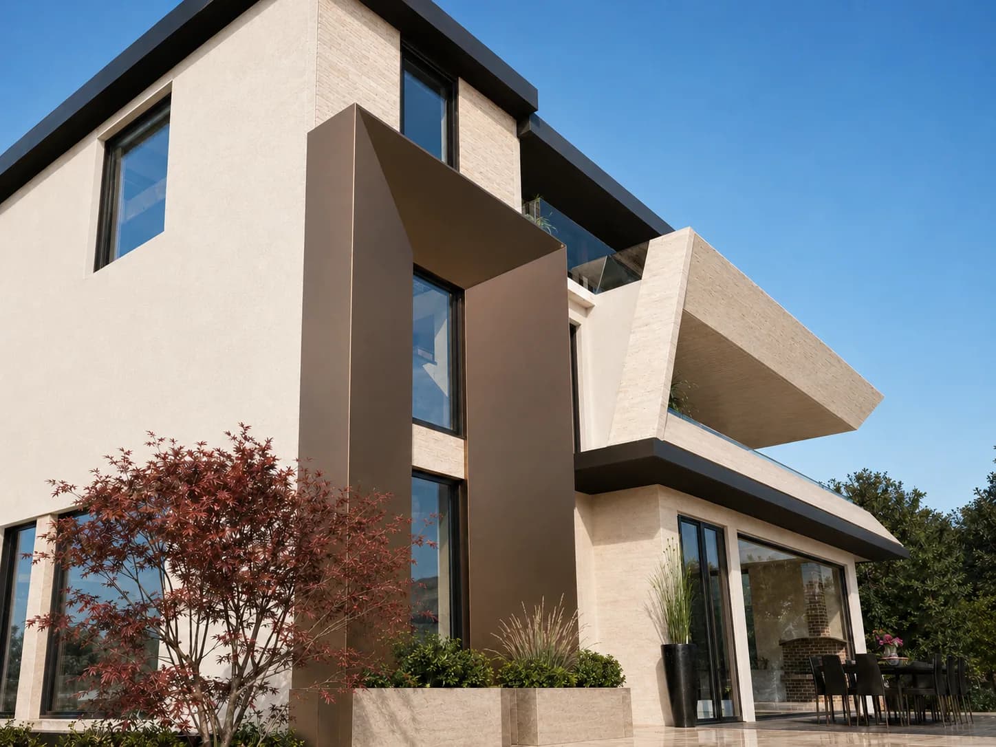 Altura rendering: travertine facade with bronze metal cladding and a sheltering cantilevered terrace