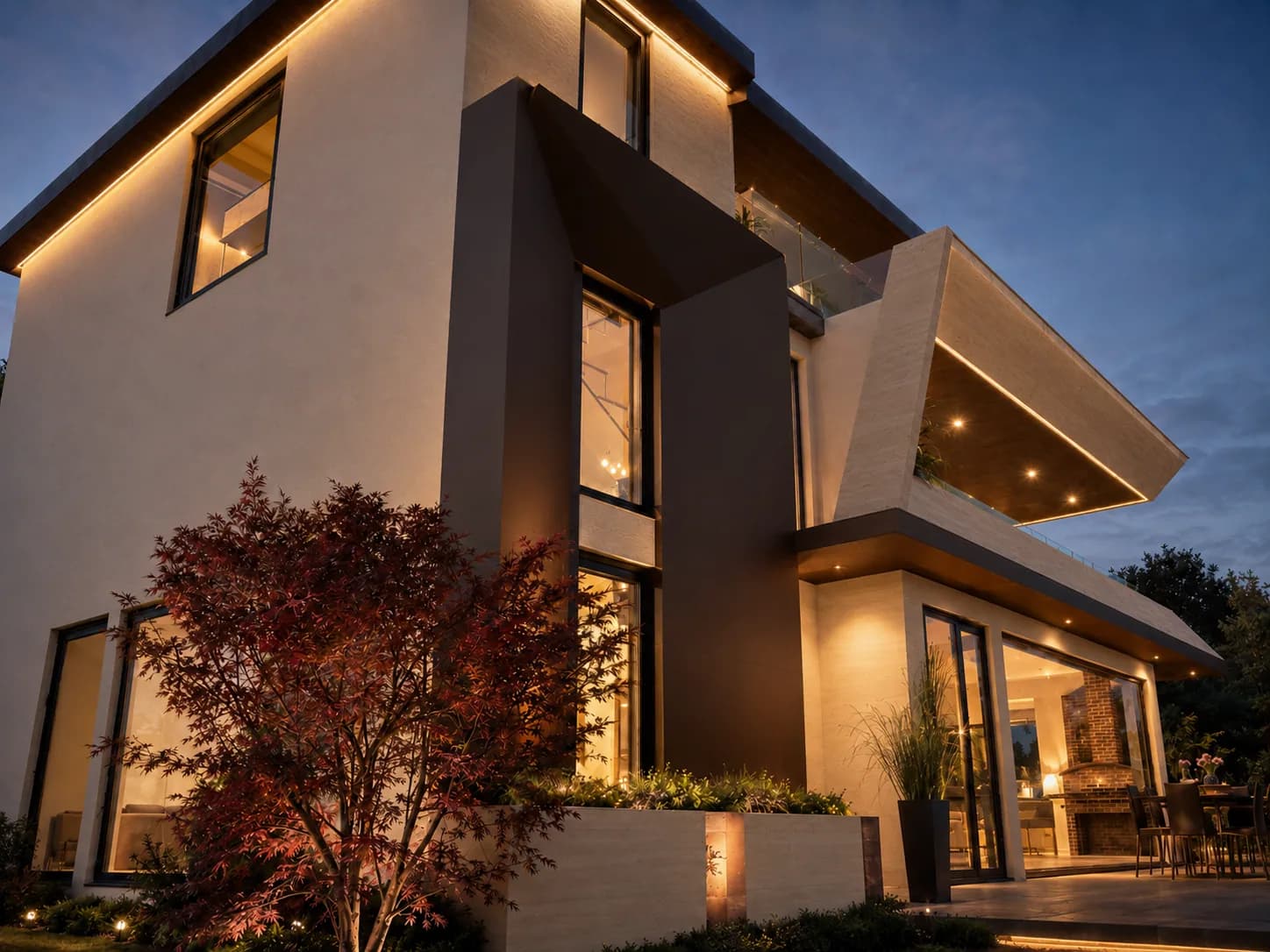 Altura rendering: the villa at dusk, its glazed floors and facade lighting glowing against the evening sky