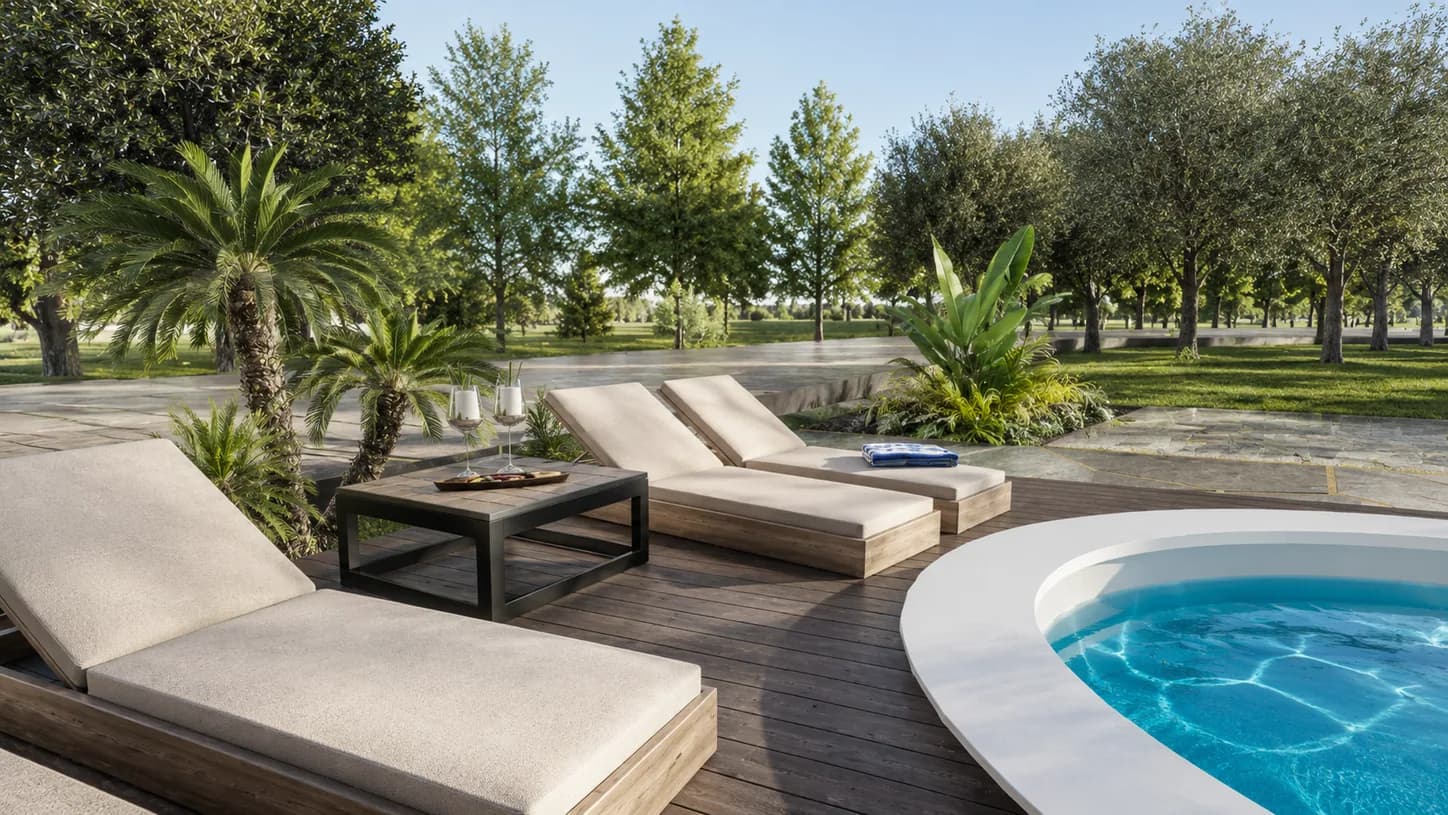 Altura rendering: outdoor pool and hot tub with sun loungers in a landscaped garden