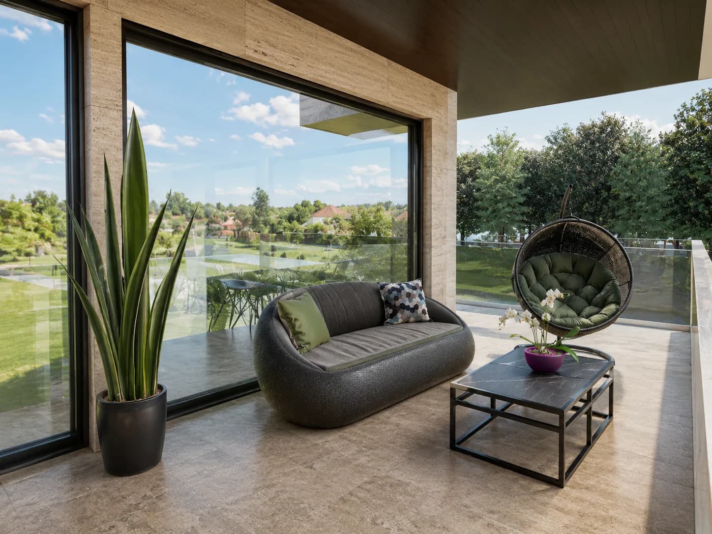 Altura rendering: covered cantilevered terrace looking out over the treetops