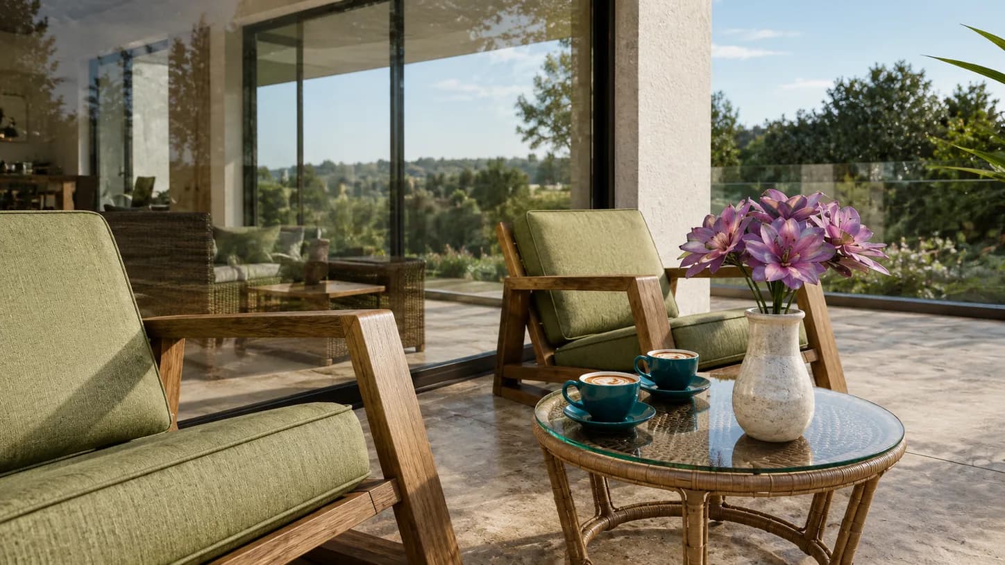 Altura rendering: upper terrace furnished with lounge seating and open views