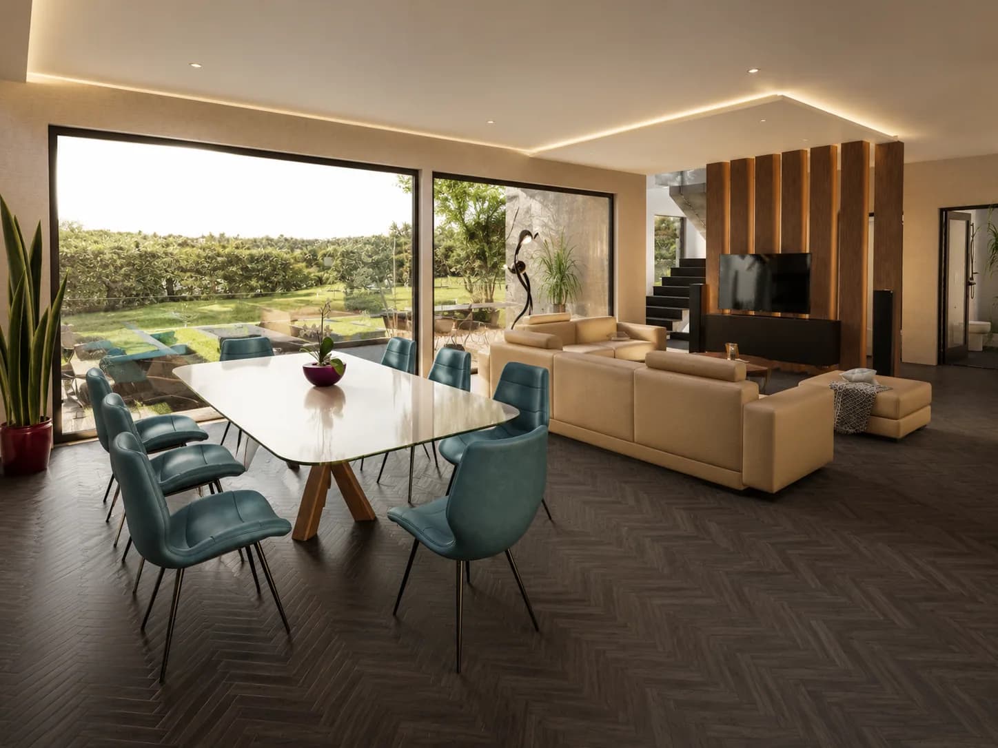 Altura rendering: spacious open-plan living and dining area with herringbone timber floor and wide glazing