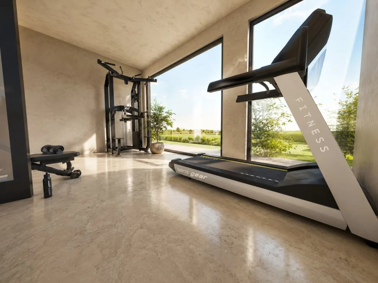Altura rendering: home gym with a full-height glazed wall facing the garden