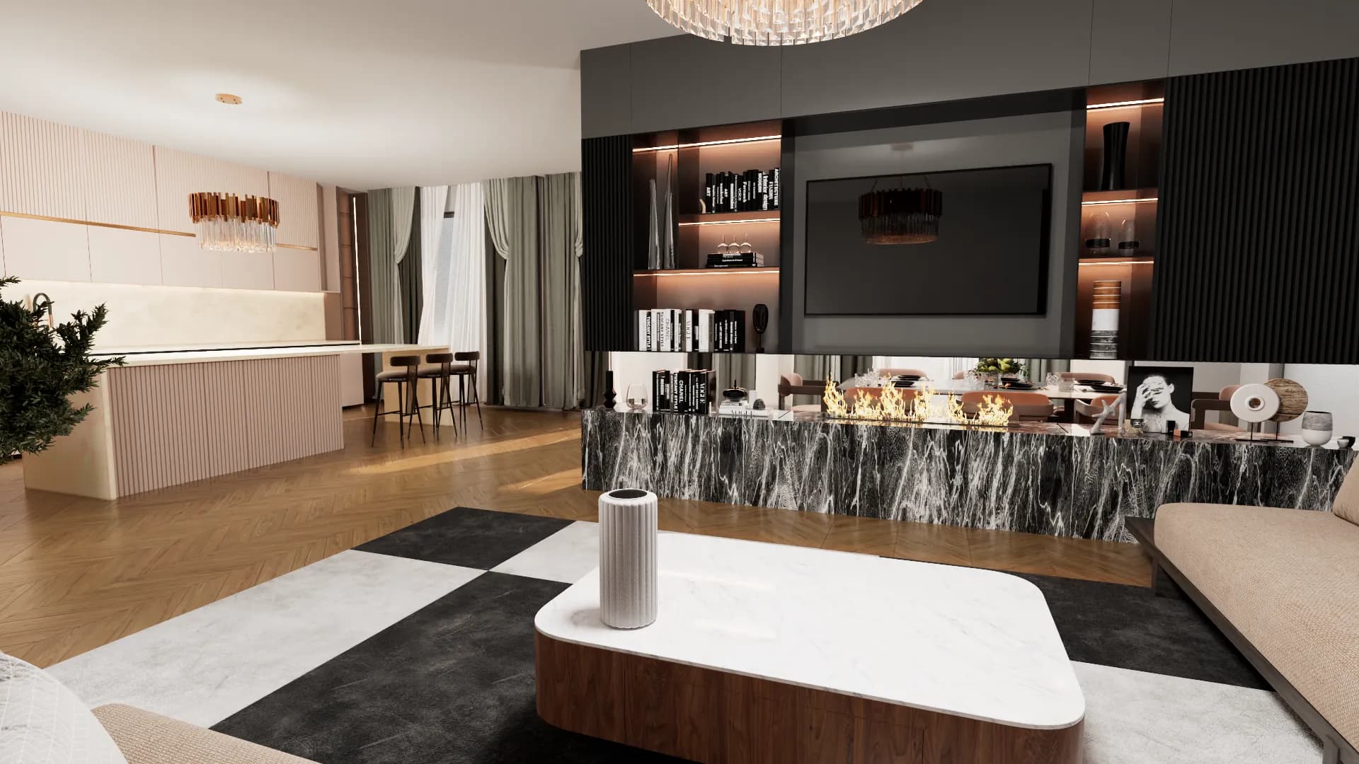 Altura rendering: living room with a marble media wall, inset fireplace and statement chandelier