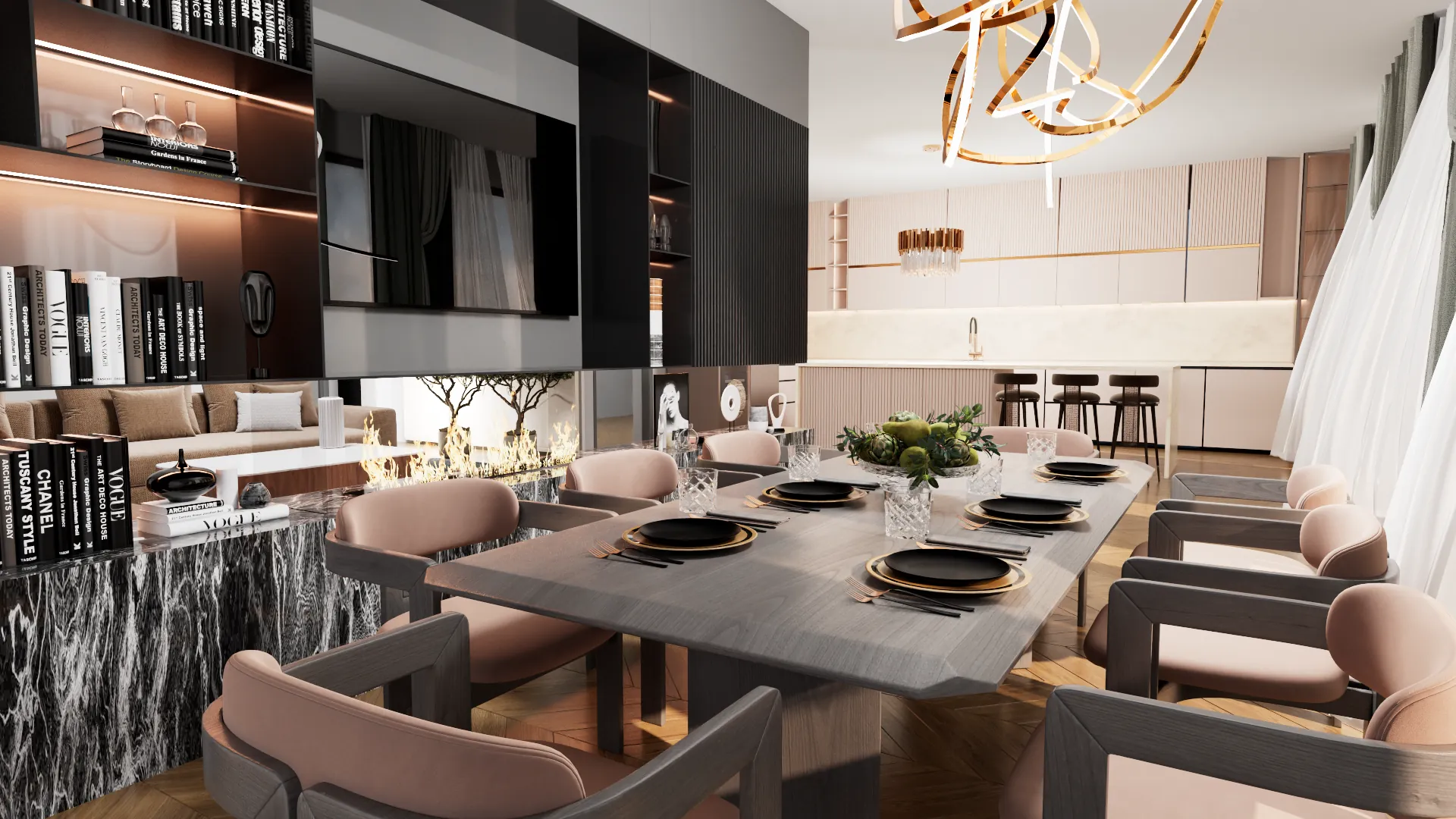 Altura rendering: dining room with a table for eight beneath a sculptural pendant light