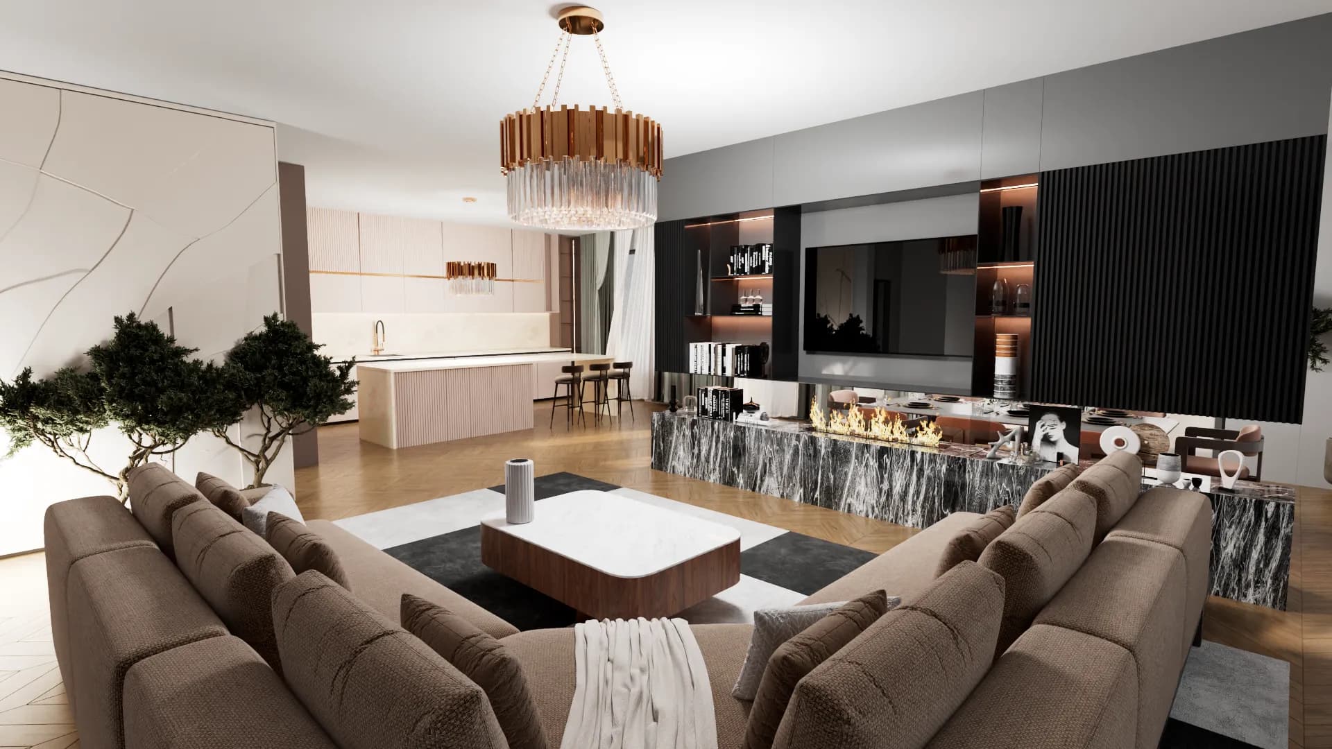 Altura rendering: open kitchen with a long island and bar stools, flowing into a lounge corner