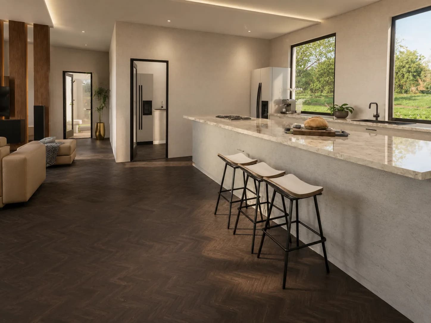 Altura rendering: modern kitchen centered on a large stone island with breakfast seating