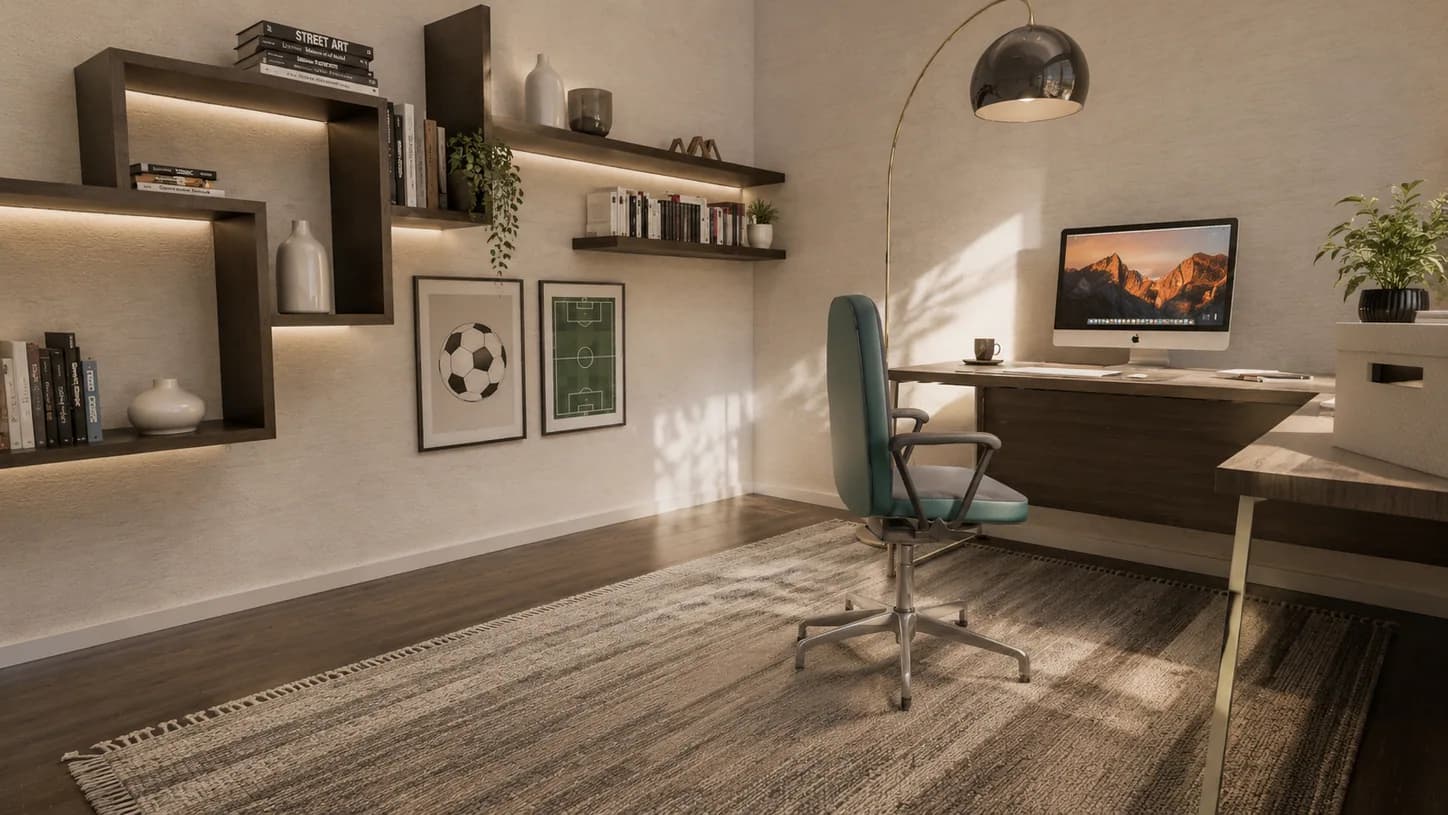 Altura rendering: quiet study with fitted shelving and generous daylight