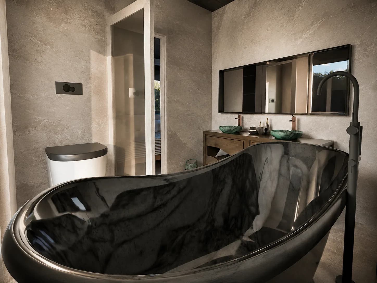 Altura rendering: primary bathroom with a freestanding black stone-look tub and double vanity