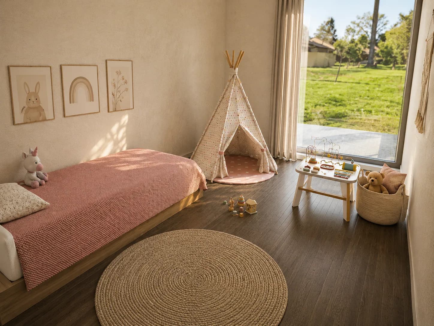 Altura rendering: bedroom with a floor-to-ceiling glass wall overlooking the garden