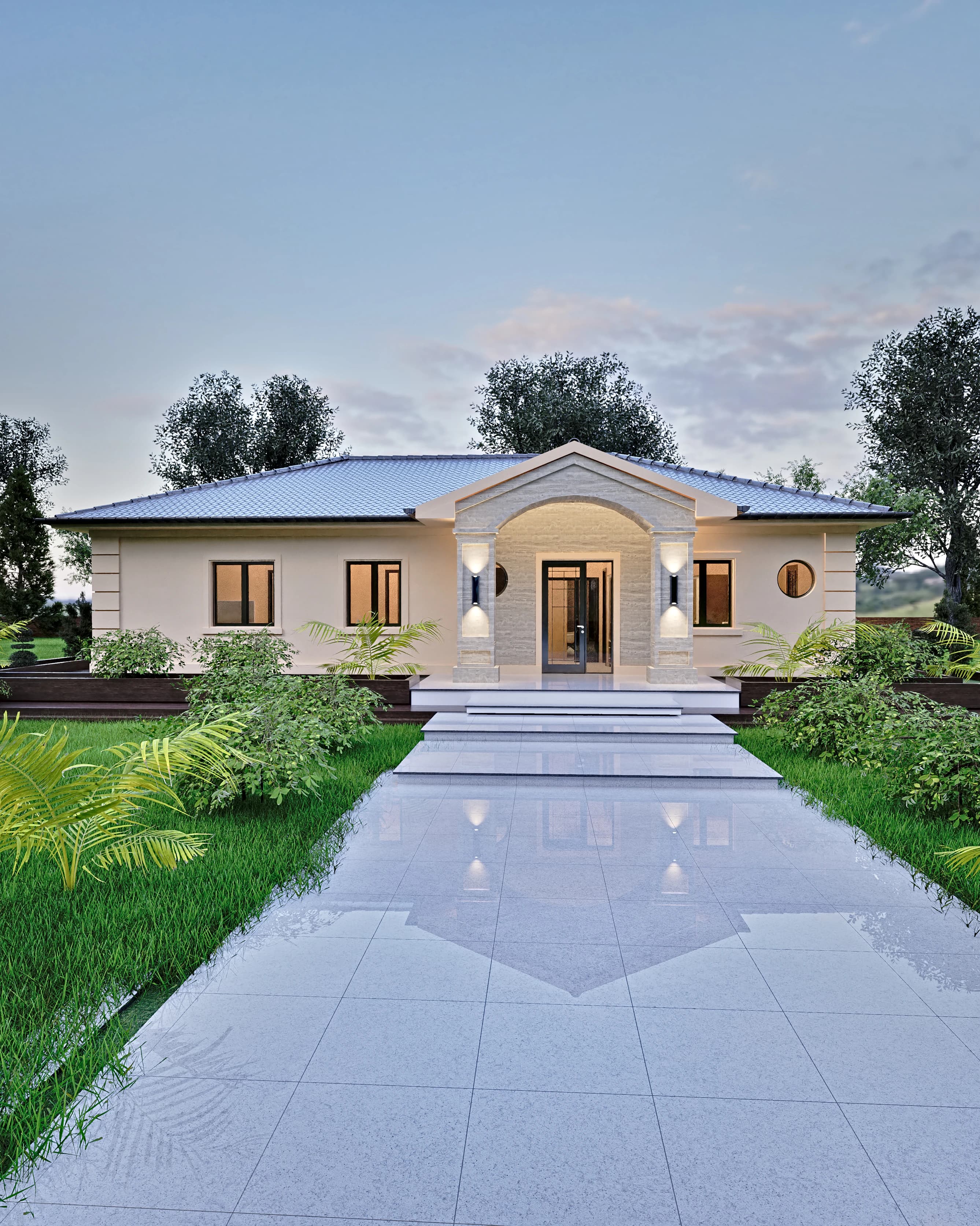 Aurelia rendering: single-story house at dusk — cream rendered walls, a low hipped roof and an arched stone-clad entrance portico at the end of a wide paved path