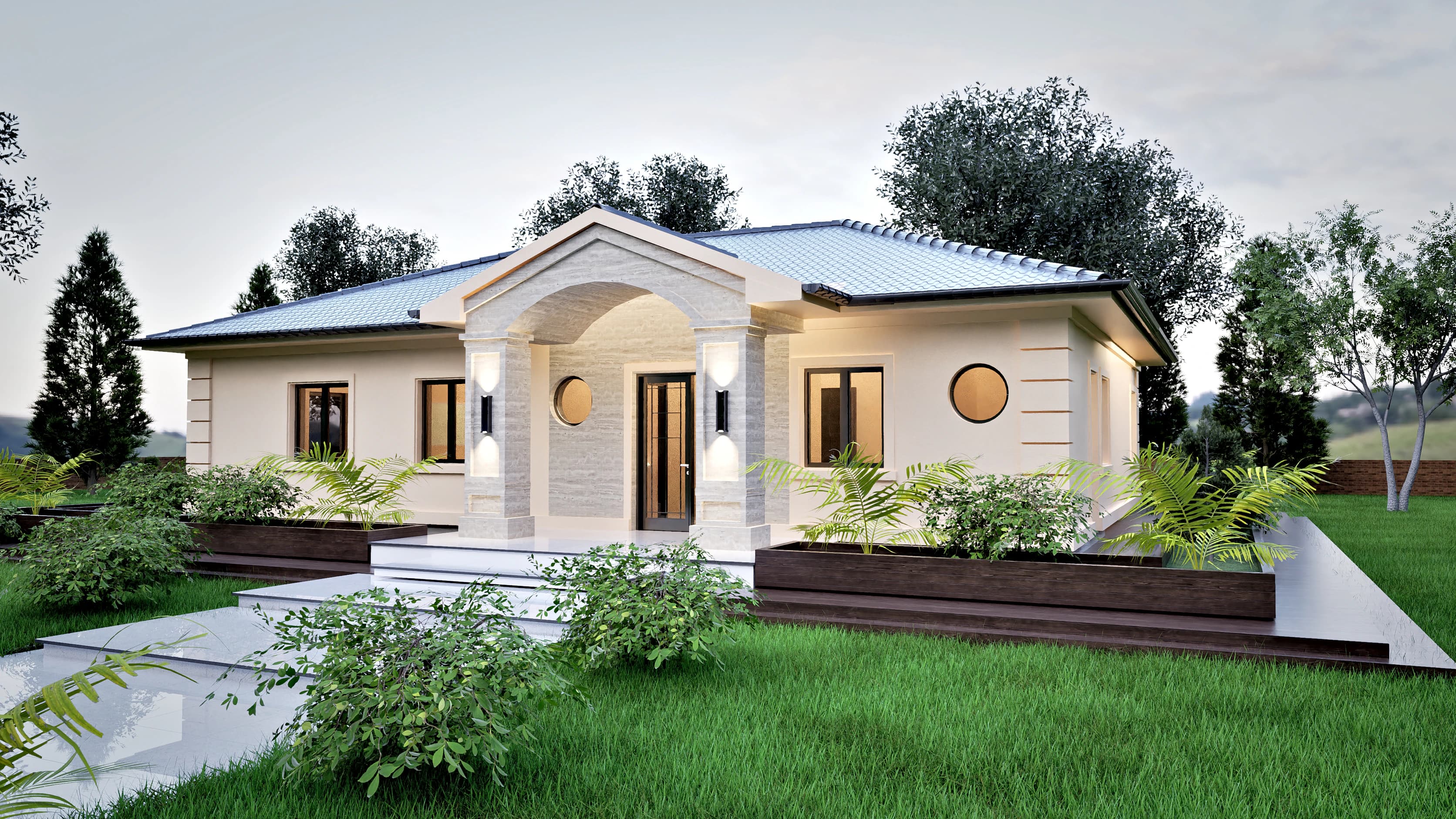 Aurelia rendering: front view of the Aurelia single-story house design with its covered entrance portico