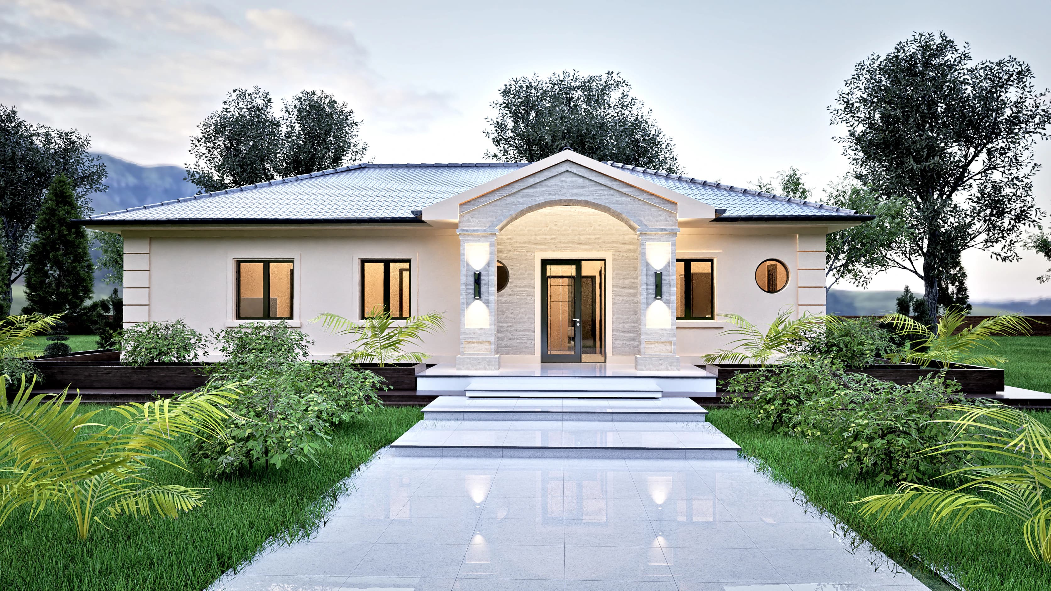 Aurelia rendering: oblique view of the Aurelia single-story house showing its low hipped roof and rendered walls