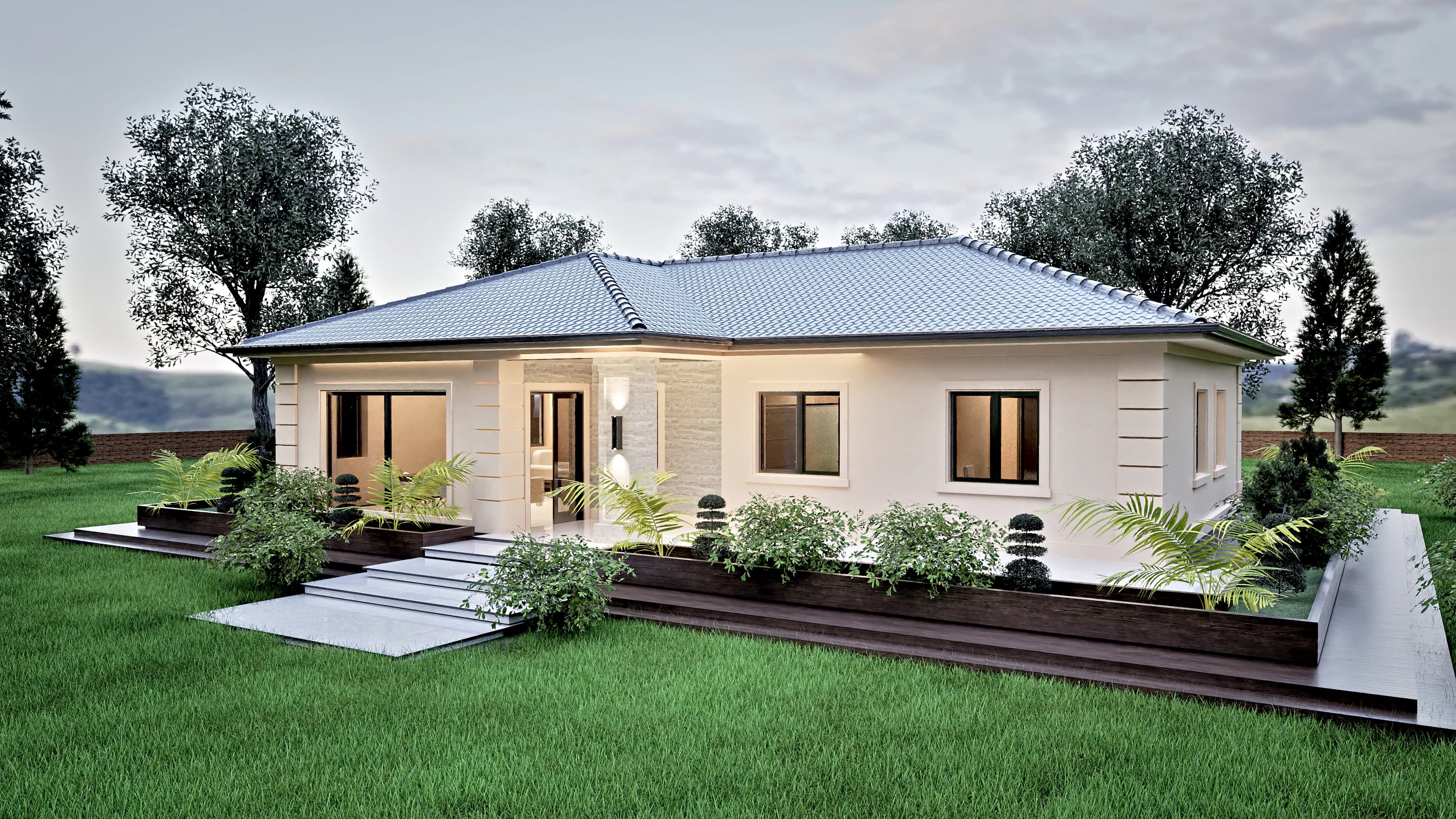 Aurelia rendering: garden side of the Aurelia house with large glazed openings from the living area