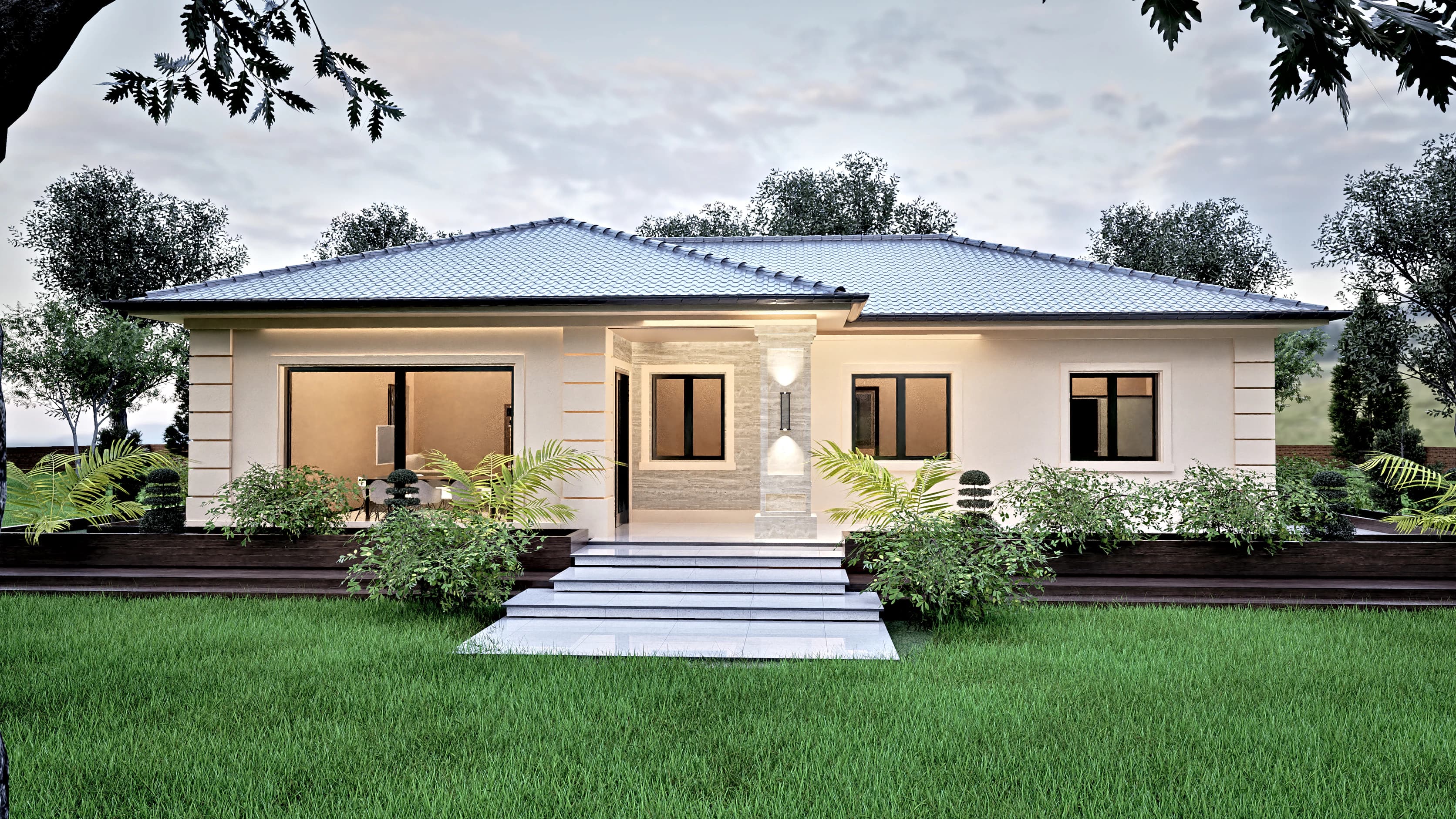 Aurelia rendering: rear view of the Aurelia single-story house across the back garden