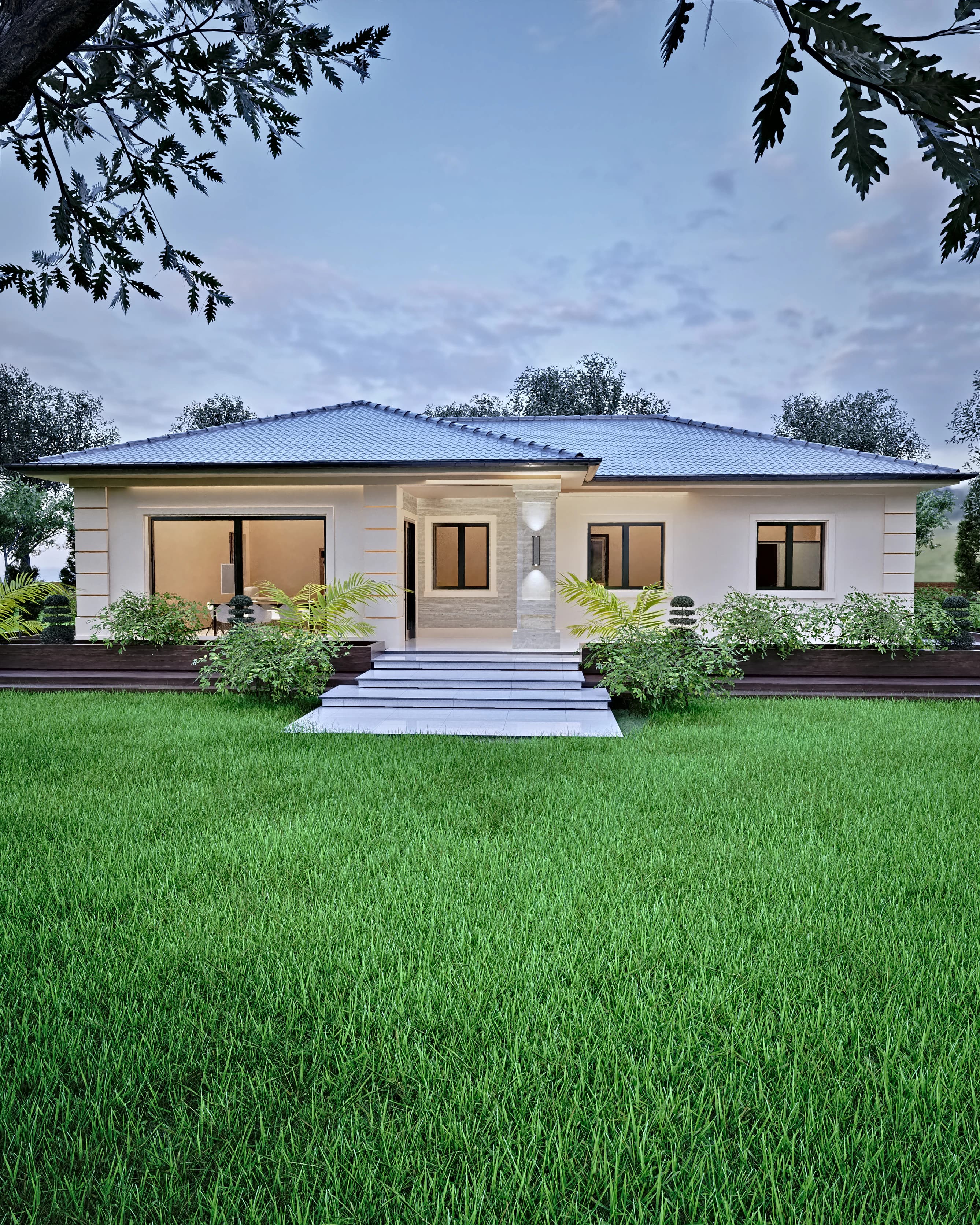 Aurelia rendering: the Aurelia house at night, its windows and entrance lit from within