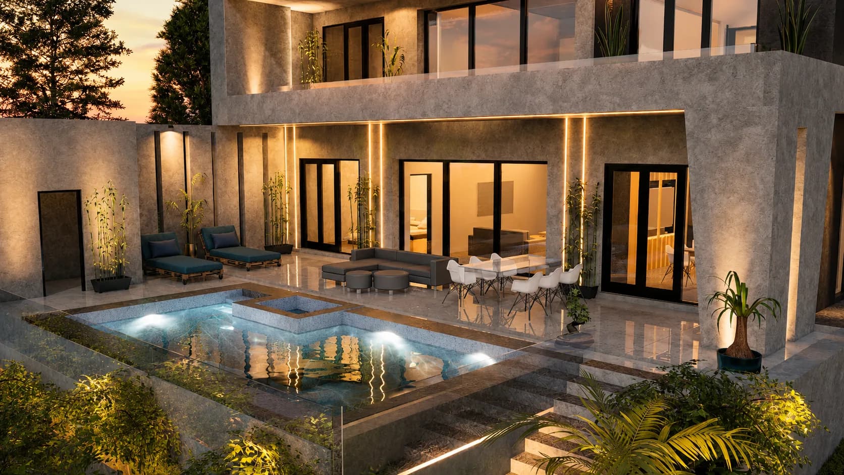 Belvedere rendering: pool terrace with a glass balustrade, underwater lighting, sun loungers, lounge seating and outdoor dining