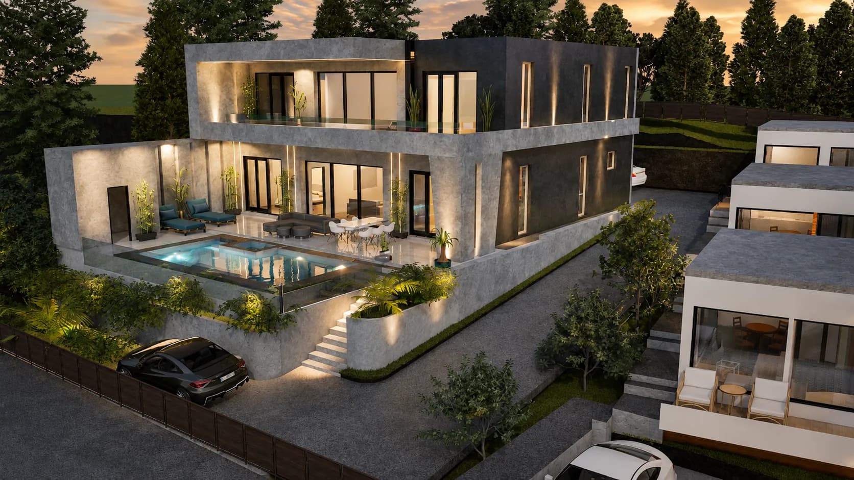 Belvedere rendering: the villa and three summer-kitchen outbuildings stepping up the slope beside the driveway