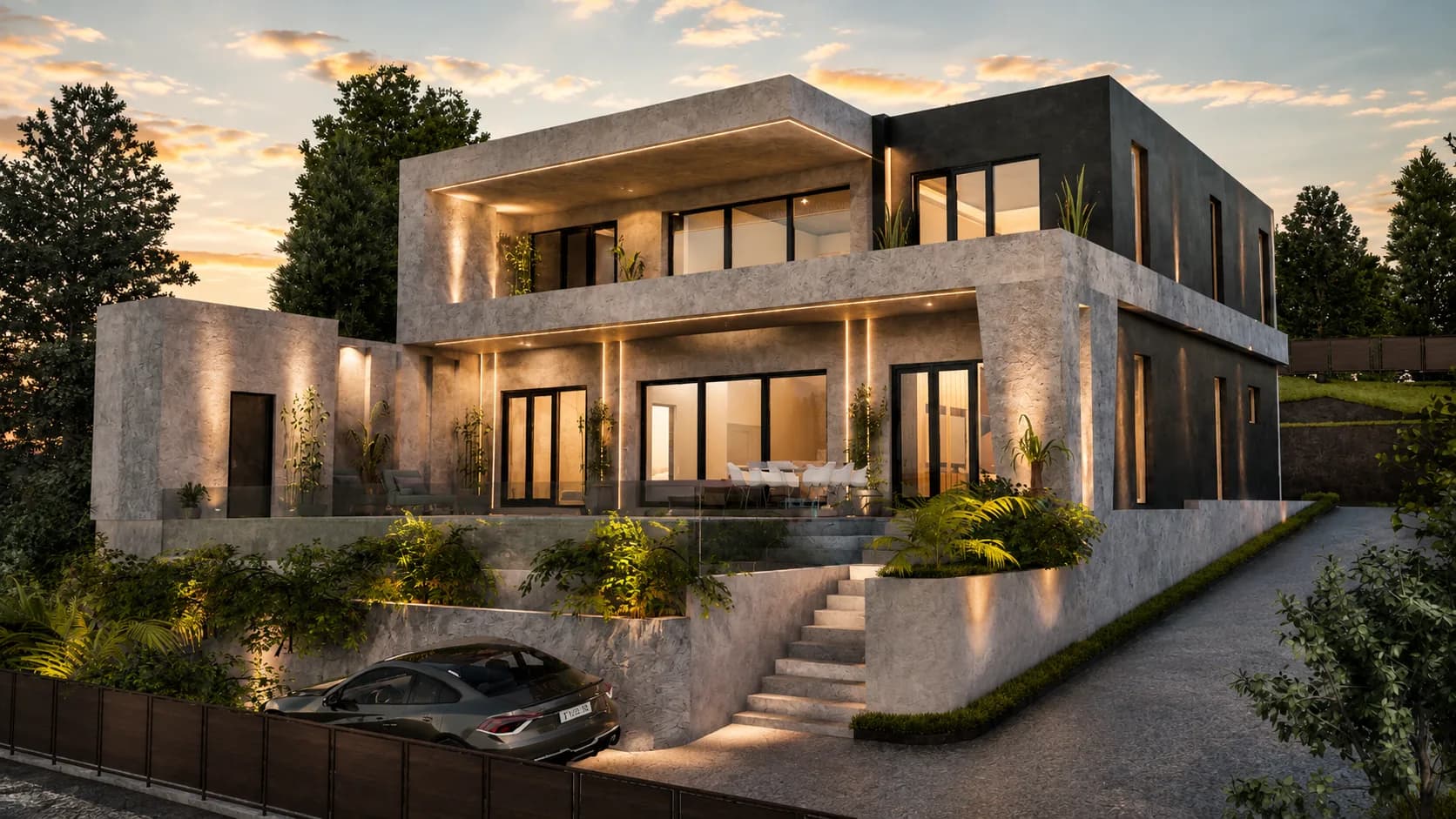 Belvedere rendering: house raised on a plateau above the street, with planted, lit retaining walls and a stair up to the terrace