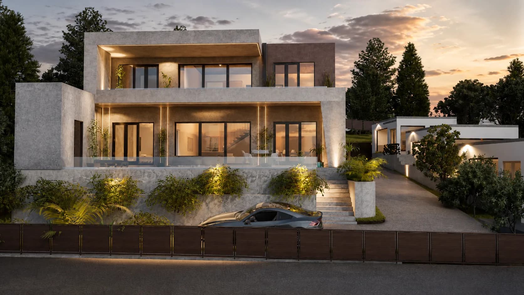 Belvedere rendering: street-side view with the glass-railed terrace, planted retaining walls, entrance stair and driveway ramp