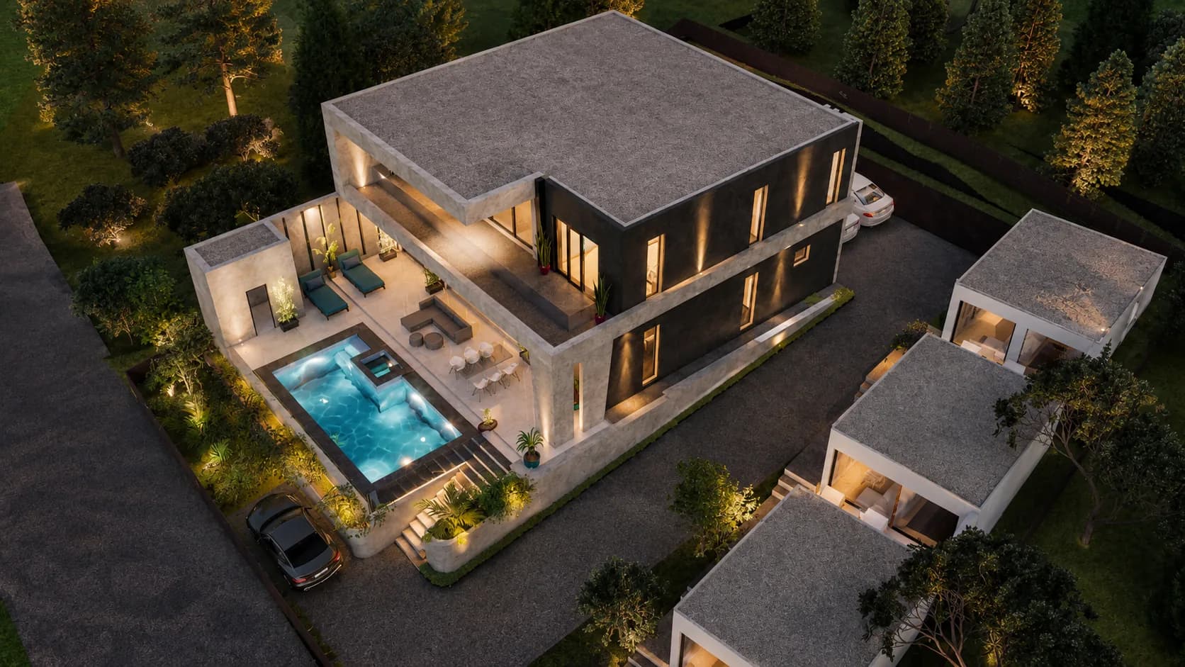 Belvedere rendering: aerial view of the flat roof, corner pool, driveway and outbuildings on the terraced garden levels
