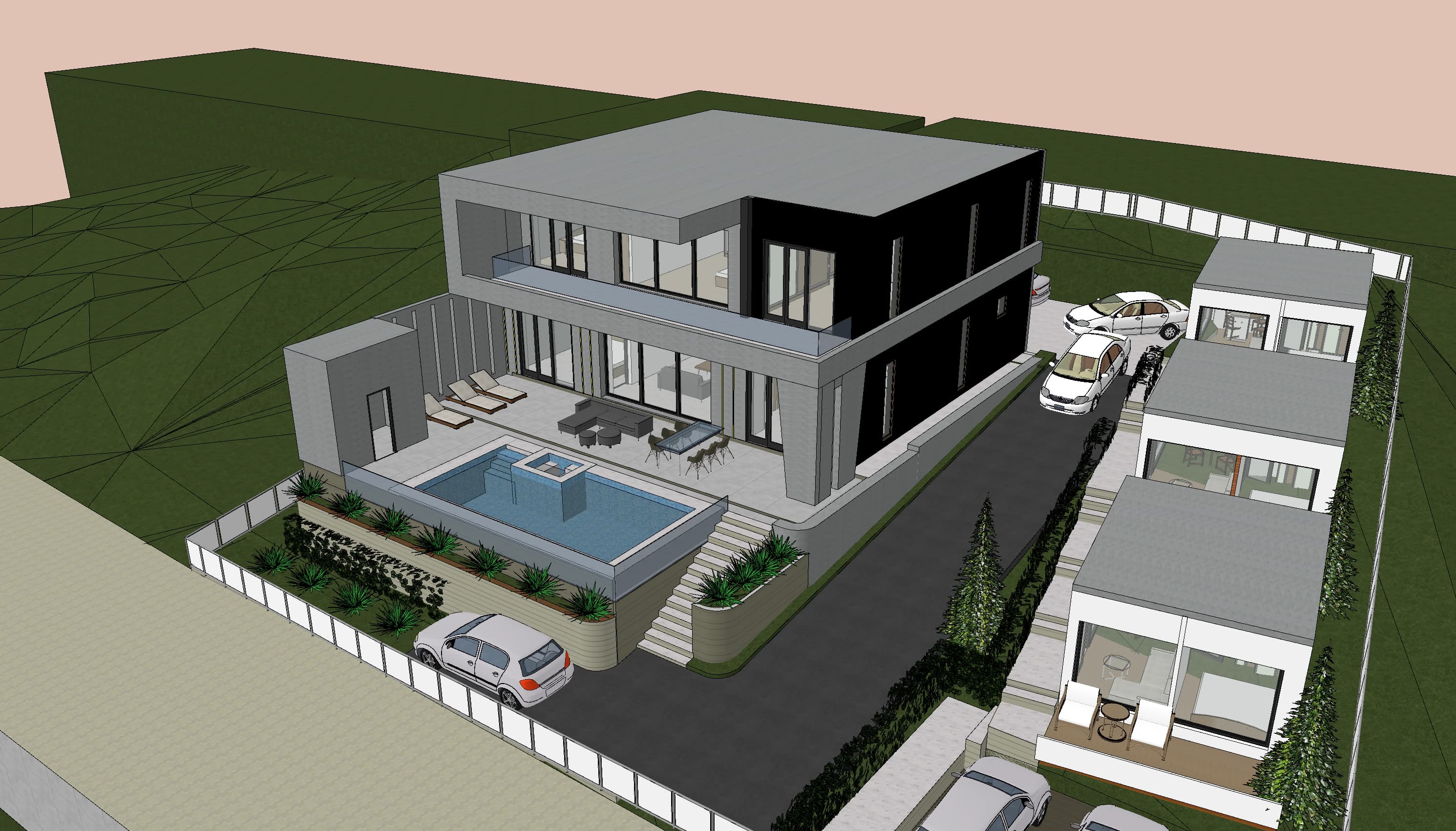 Belvedere rendering: 3D site model — house and pool on the raised plateau, street stair, driveway ramp and three outbuildings