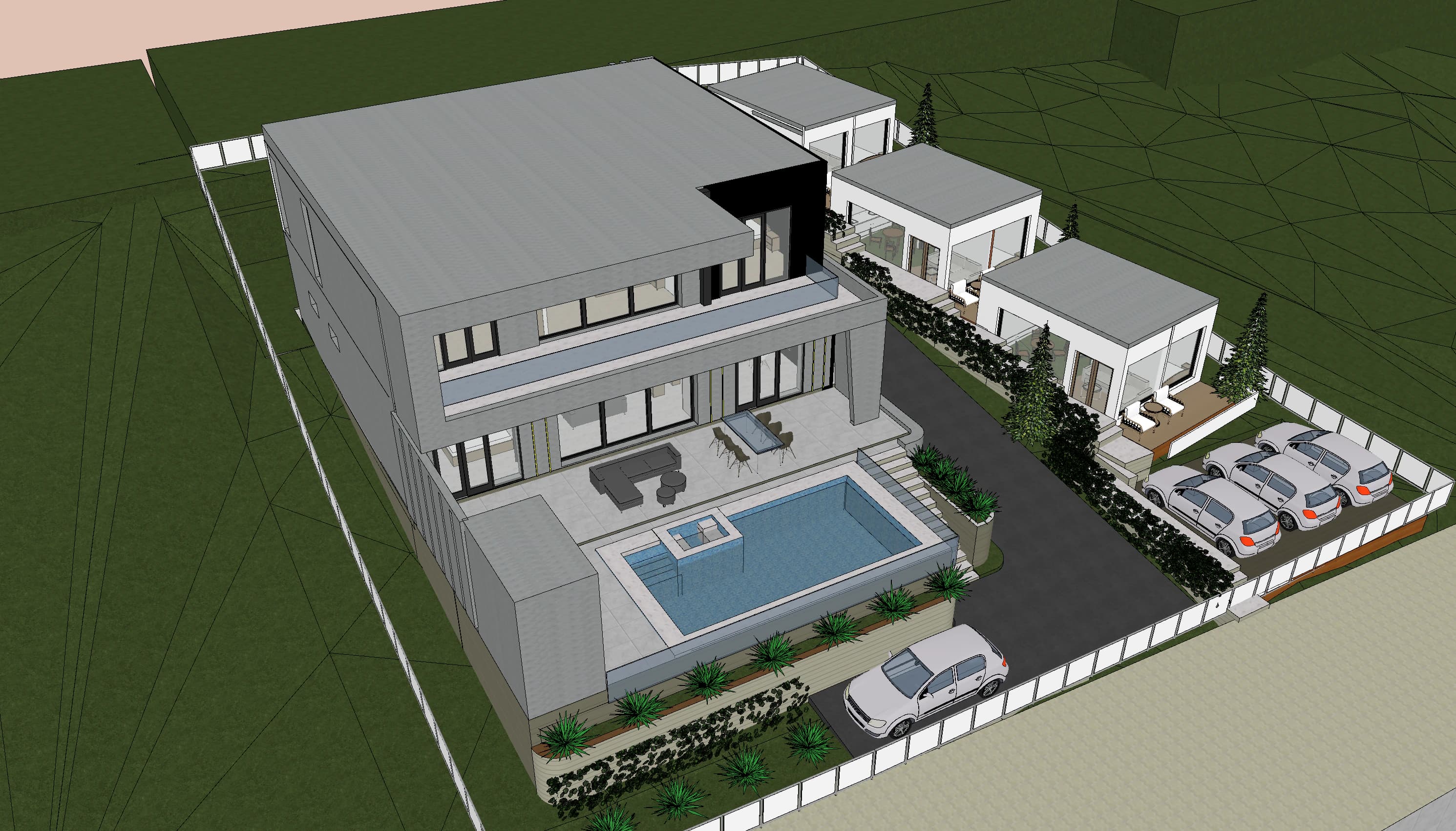 Belvedere rendering: 3D site model showing the pool, planted retaining walls, outbuildings and on-site parking