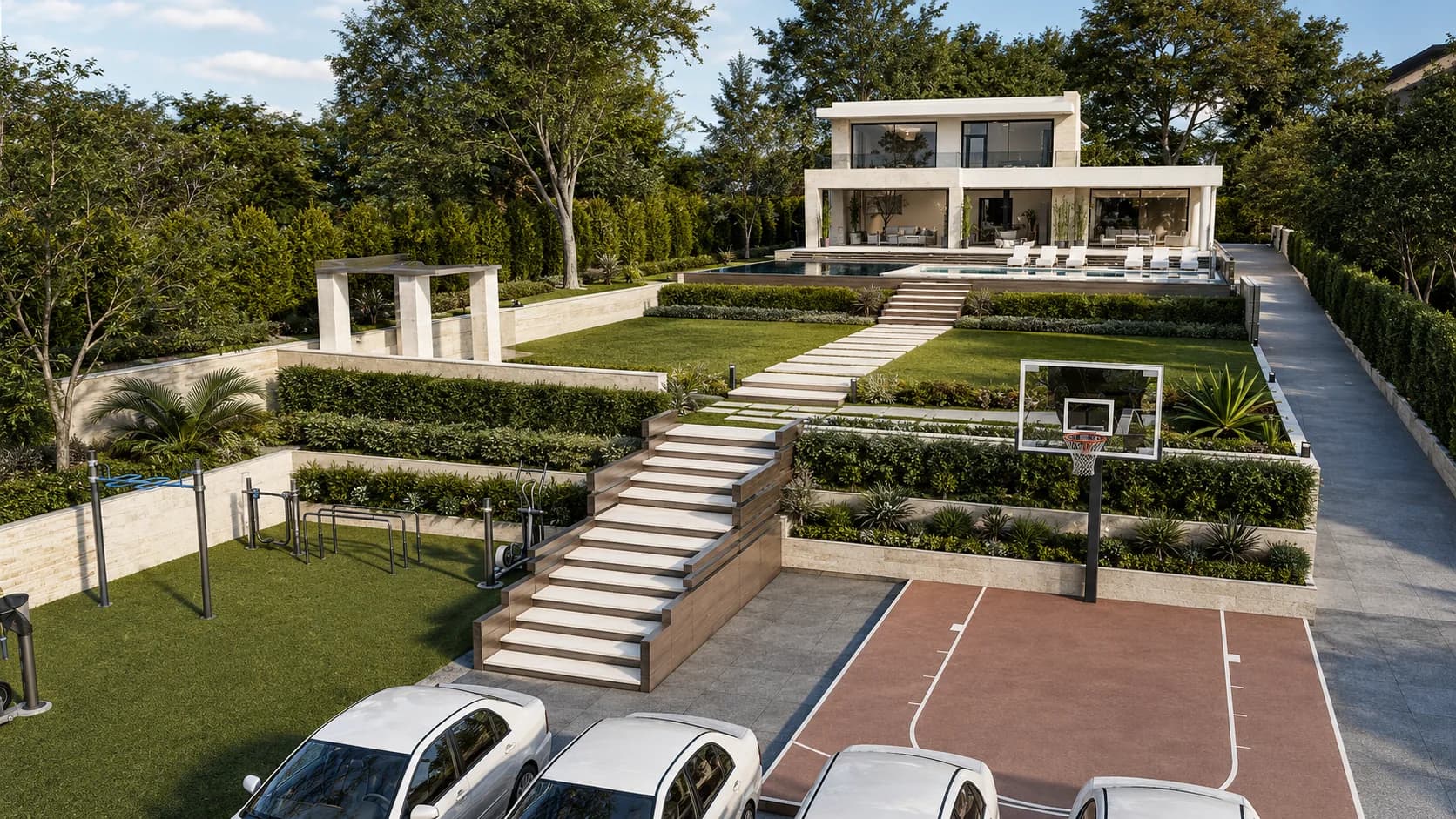 Cascade rendering: terraced garden stepping down a sloping site below the Cascade house, with lawns, retaining walls, stairs and a pergola