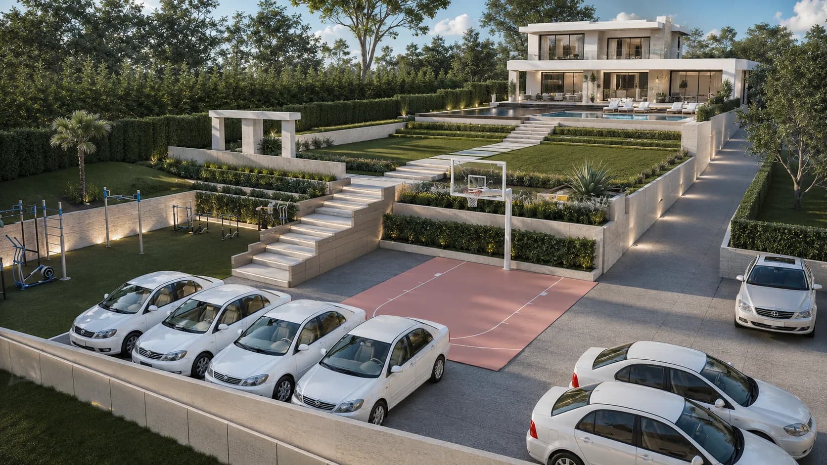 Cascade rendering: planted retaining walls with lighting above a basketball court, outdoor gym and parking on the lower terrace