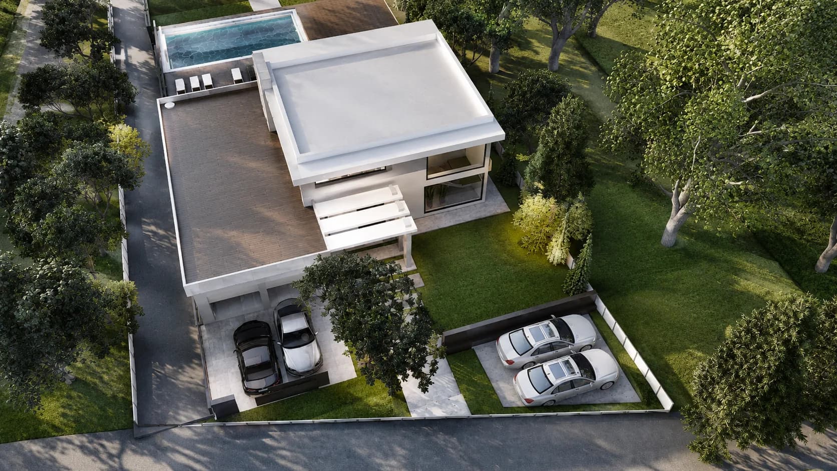 Cascade rendering: aerial view of the Cascade flat-roof house with its garage, parking court and pool behind
