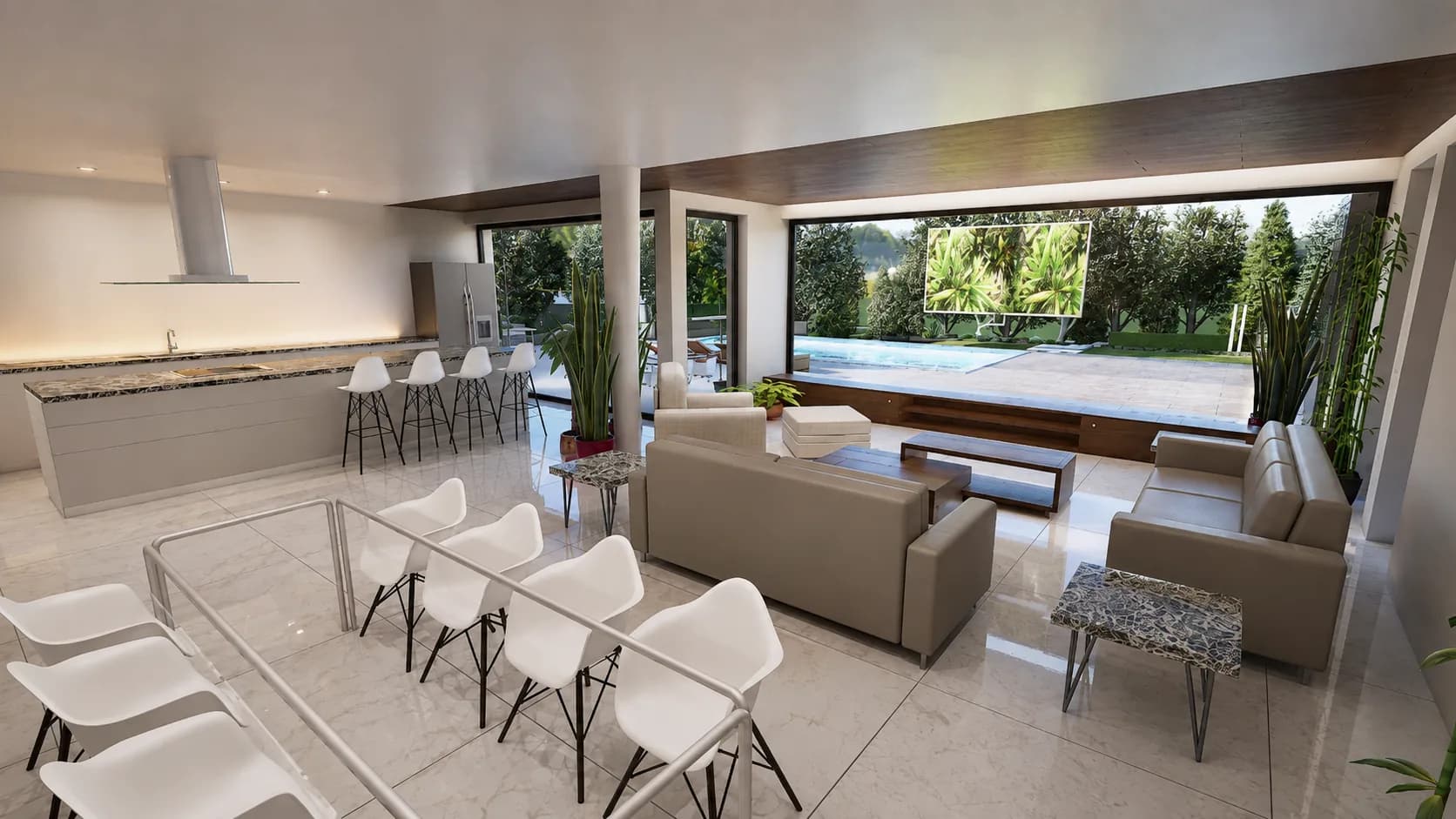 Cascade rendering: open-plan kitchen, island and dining area looking out to the pool through a sliding glass wall