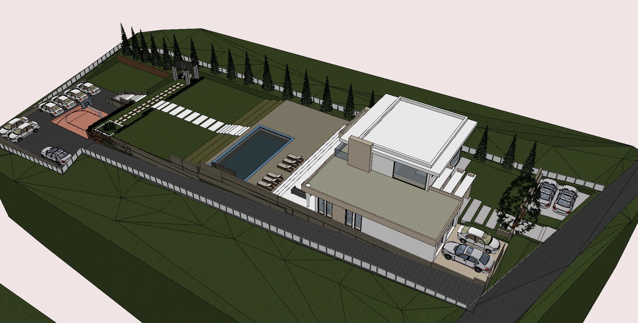 Cascade rendering: 3D site model showing the Cascade house, pool, lawn terraces, sports court and parking on a sloping plot