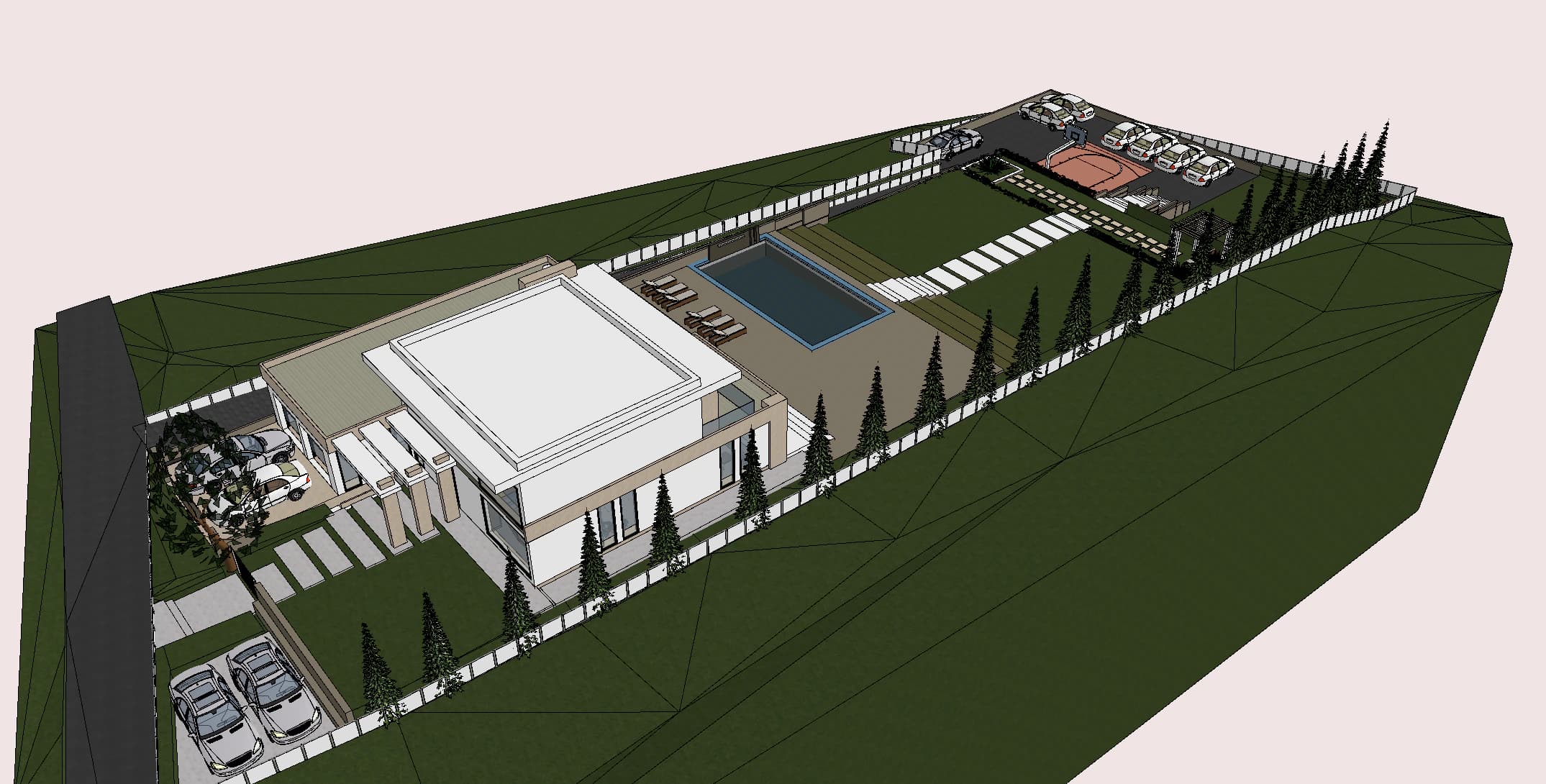 Cascade rendering: 3D site model with the Cascade house by the street, the pool extending the living area and a terraced garden below