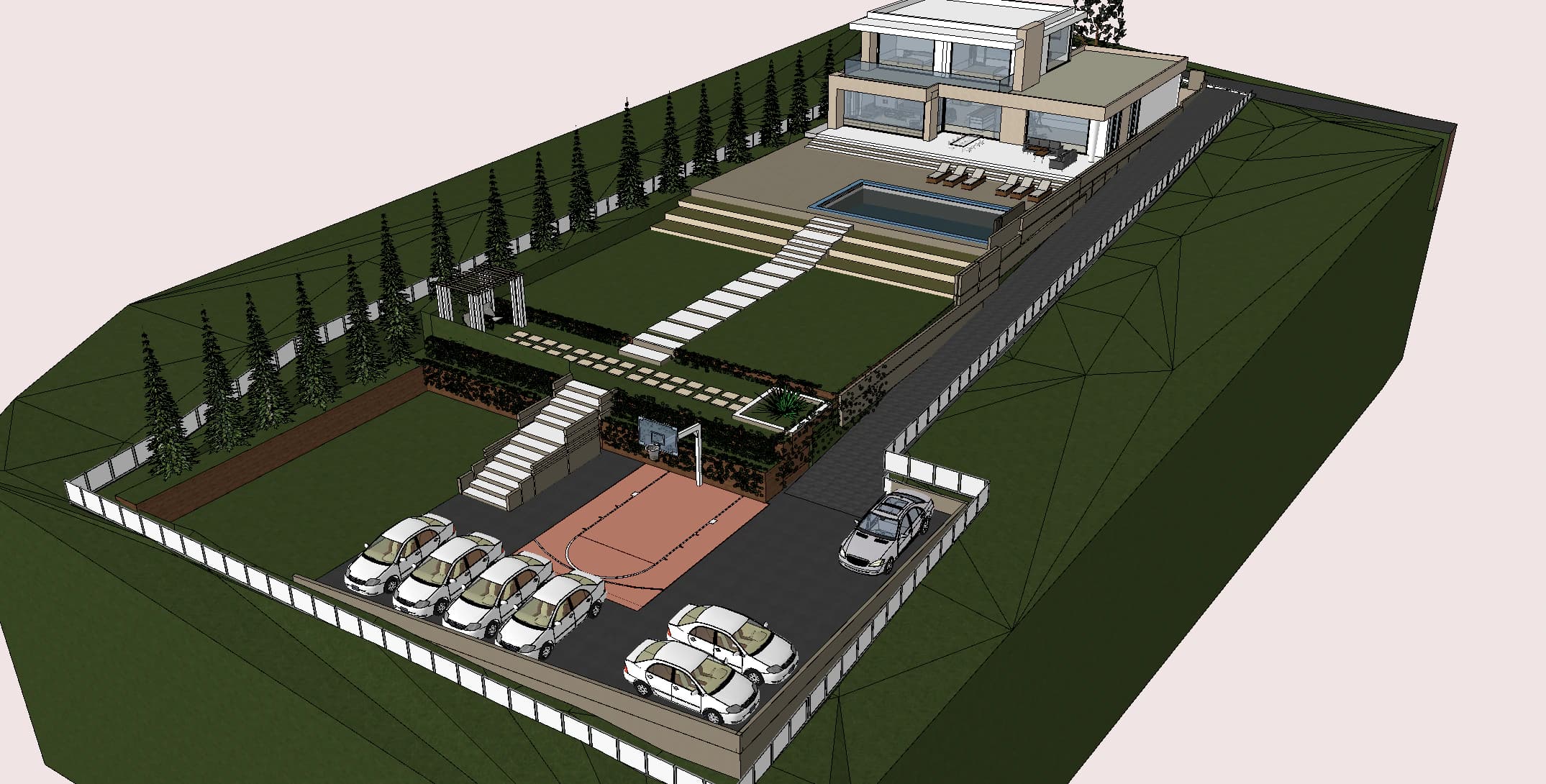 Cascade rendering: 3D landscape model with terraced stairs, retaining walls, a side driveway and parking beside the sports court