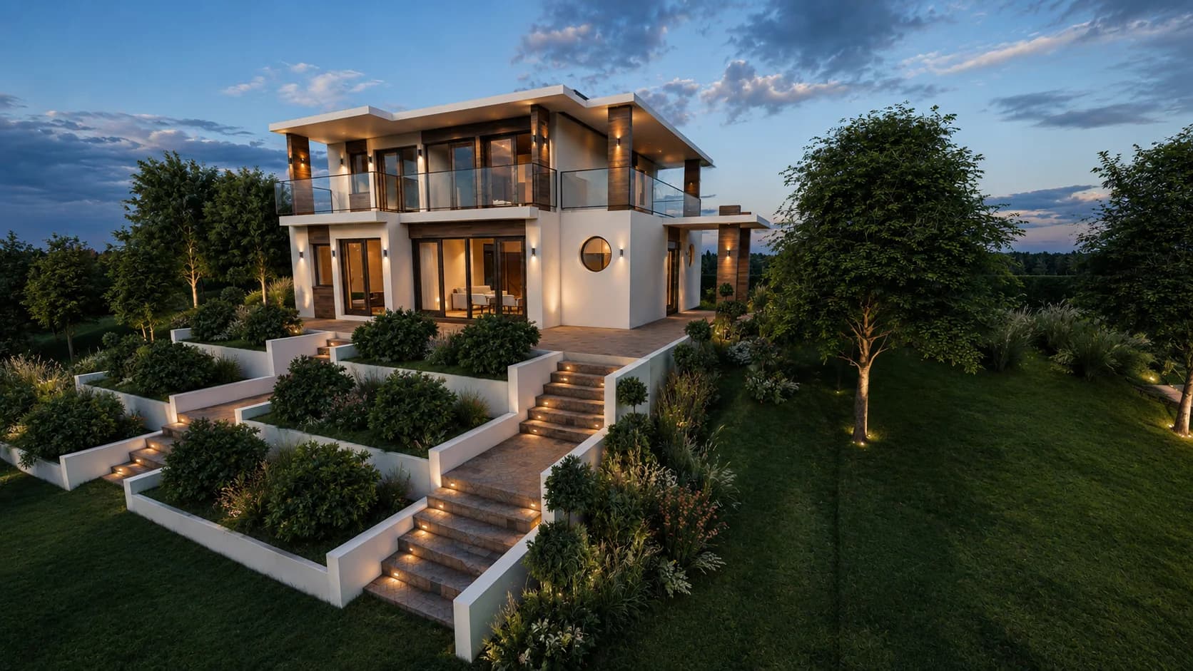 Collina rendering: side view of the Collina house with flat roof, timber cladding and glass balustrade