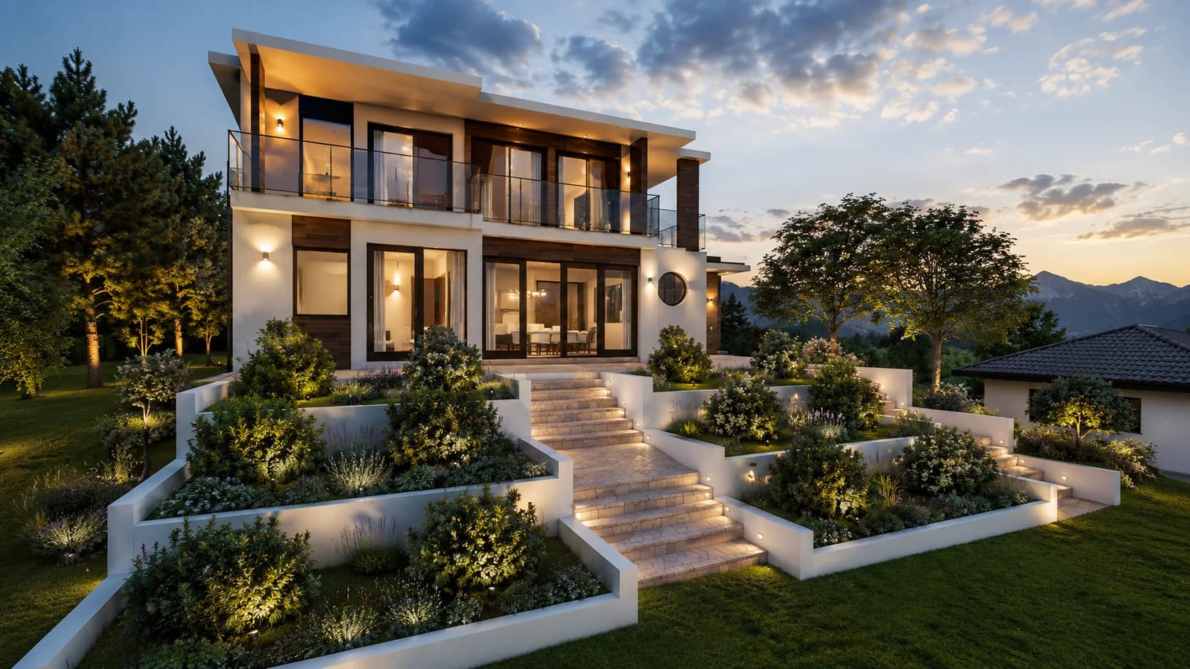 Collina rendering: modern house at dusk with facade and garden lighting