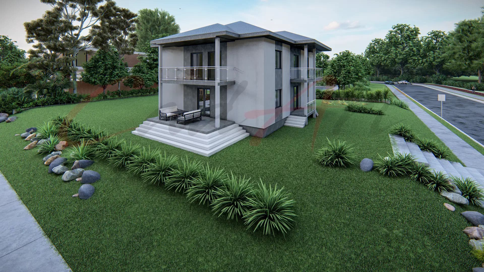 Elise rendering: front of the Elise two-story modern house; CAD ART studio letterhead as a faint watermark across the image.