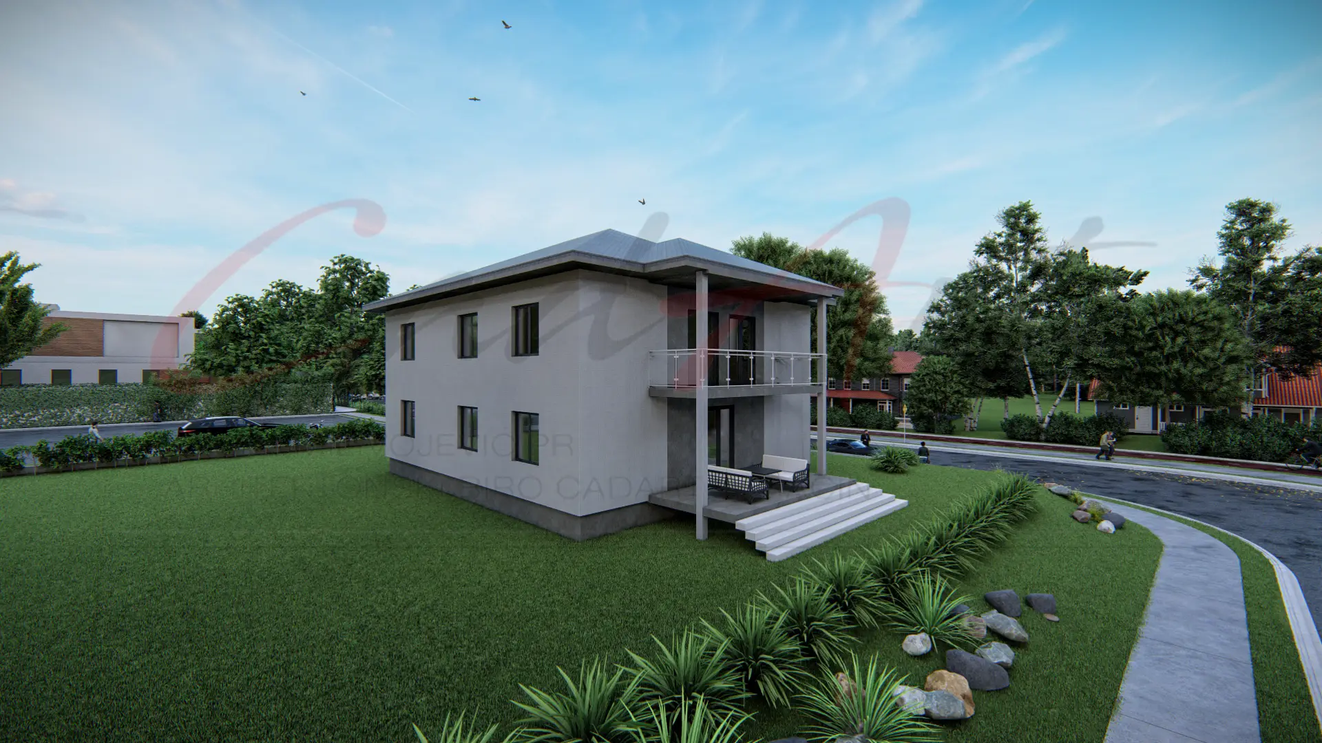 Elise rendering: house terrace opening onto the garden; CAD ART studio letterhead as a faint watermark across the image.