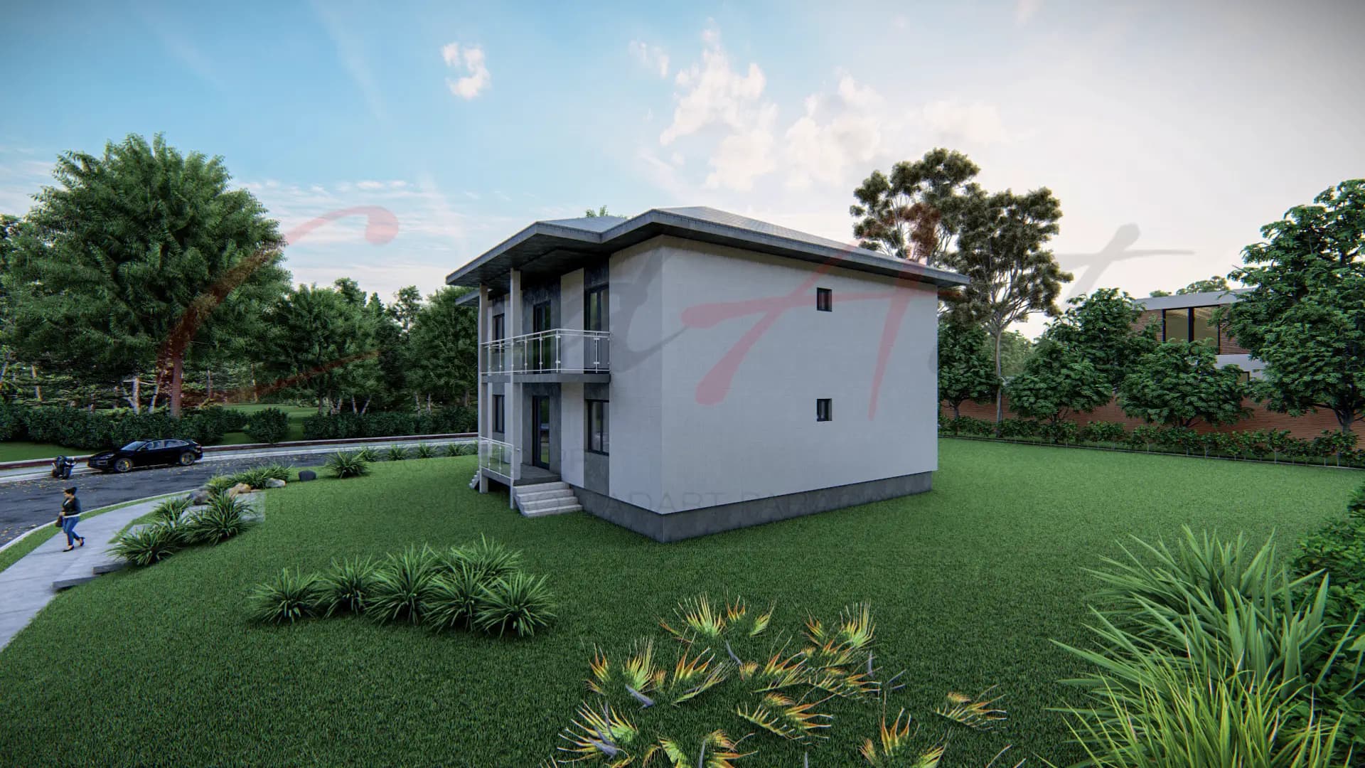 Elise rendering: side view of the Elise two-story modern house; CAD ART studio letterhead as a faint watermark across the image.