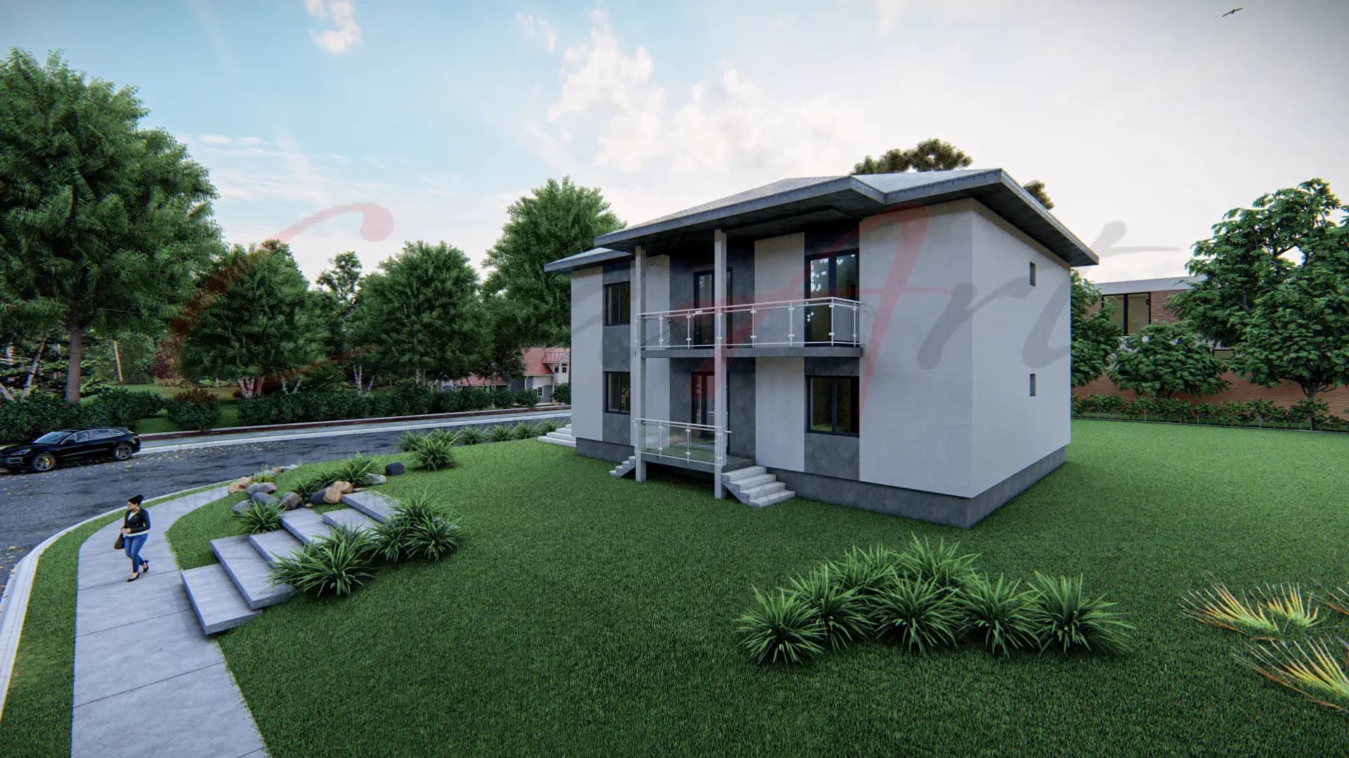 Elise rendering: aerial view of the Elise two-story house and garden; CAD ART studio letterhead as a faint watermark across the image.