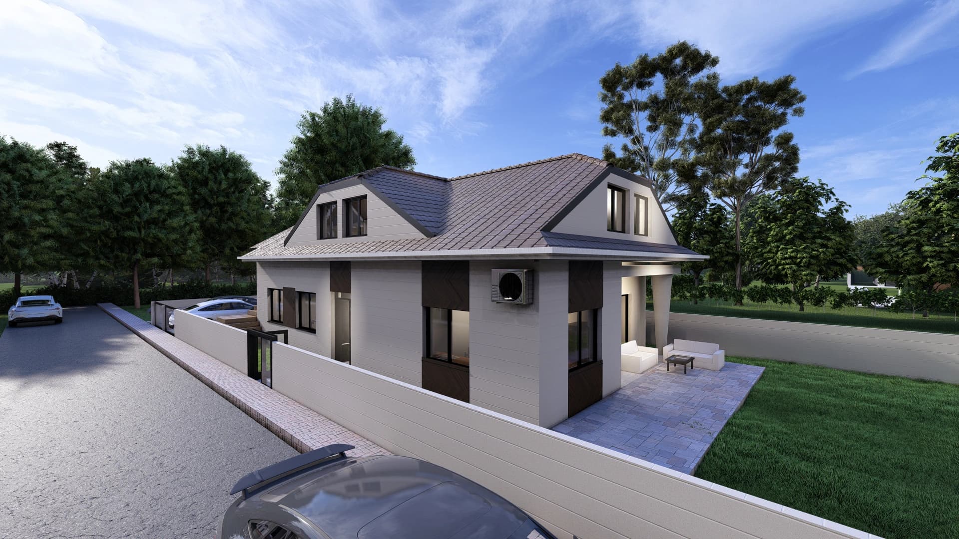 Harmonia rendering: family house with white walls, dark accent panels, a hipped roof with dormers and a covered corner terrace.