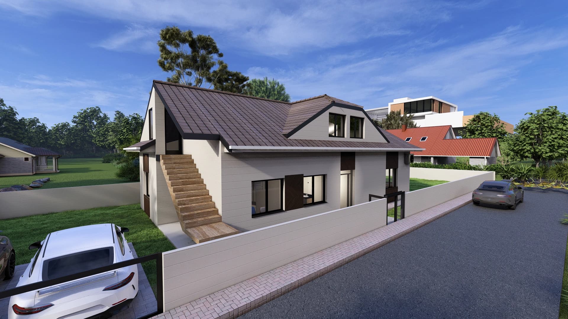 Harmonia rendering: exterior view of the Harmonia family house with its pitched roof and attic dormers.