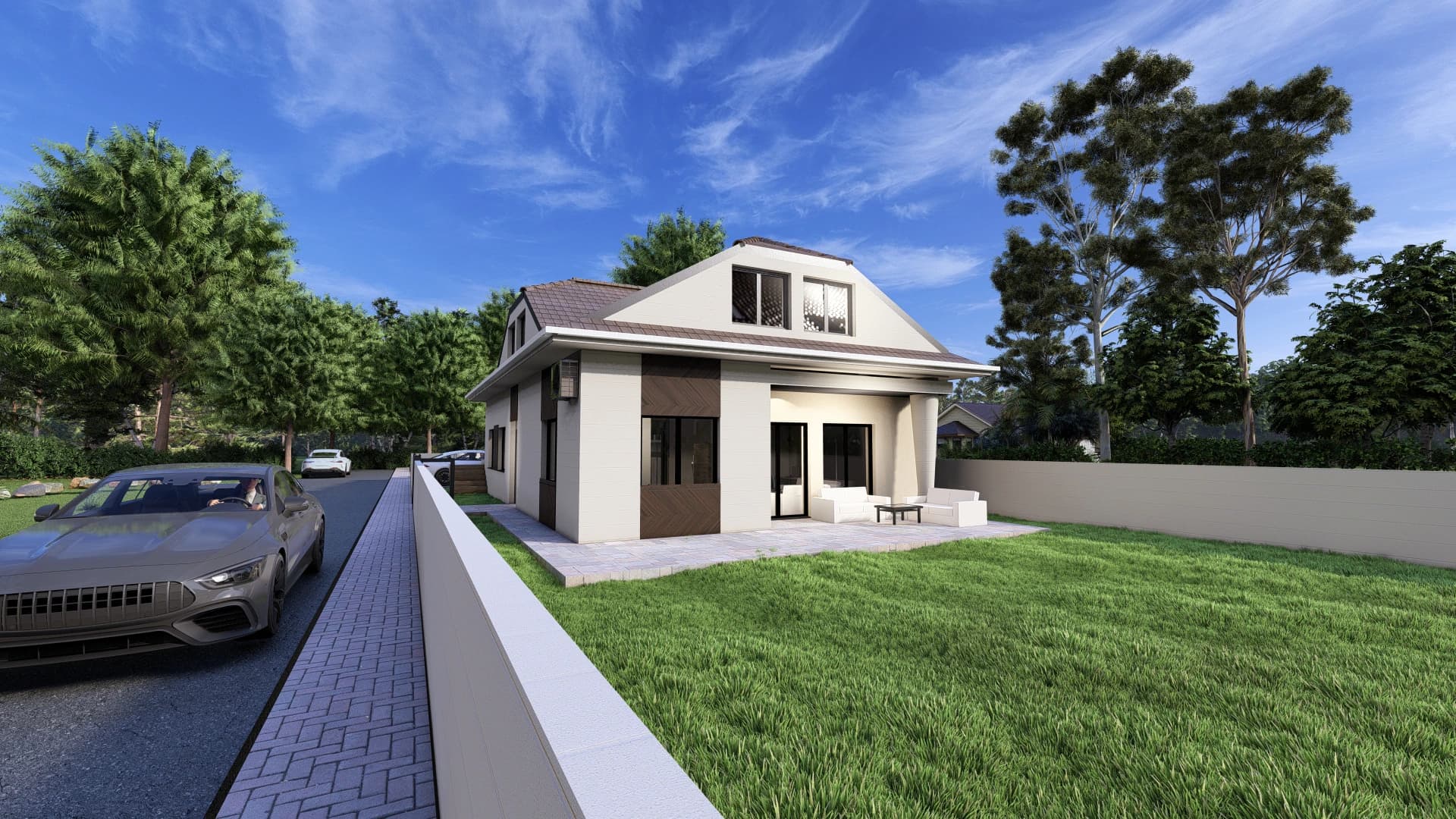 Harmonia rendering: garden-side view of the Harmonia house with its attic floor under a pitched roof.