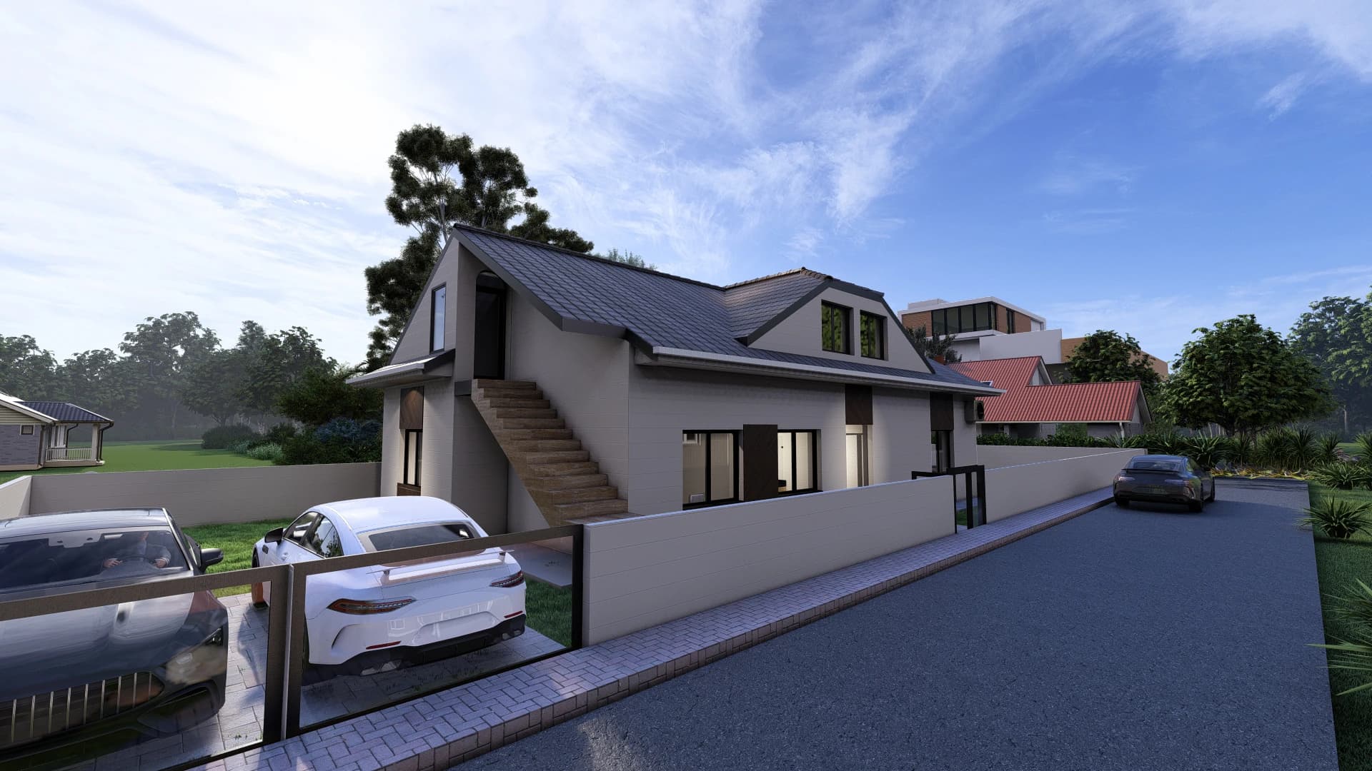 Harmonia rendering: side view of the Harmonia family house showing the white facade and dark accents.