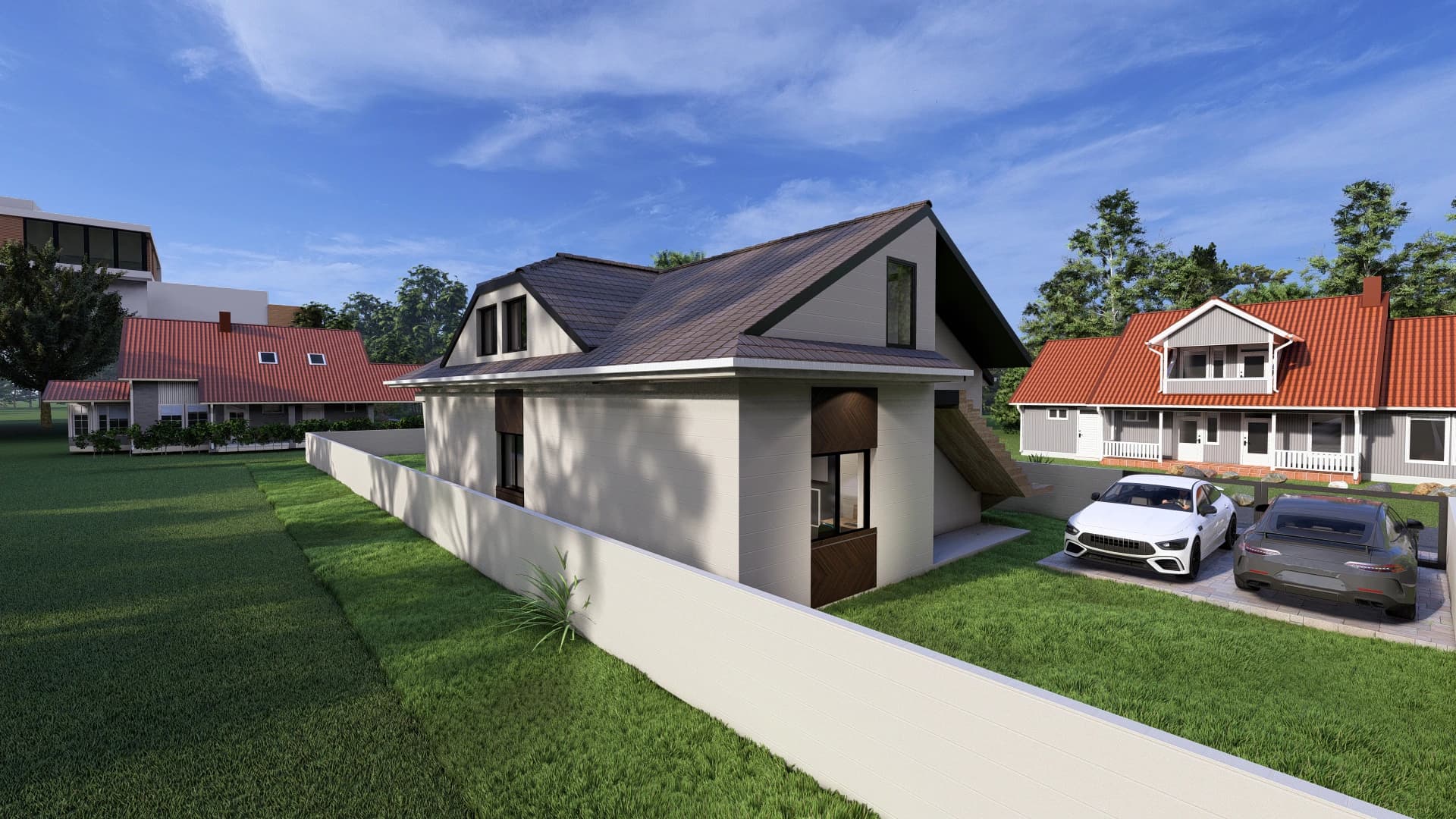 Harmonia rendering: covered terrace opening directly from the Harmonia living room onto the garden.