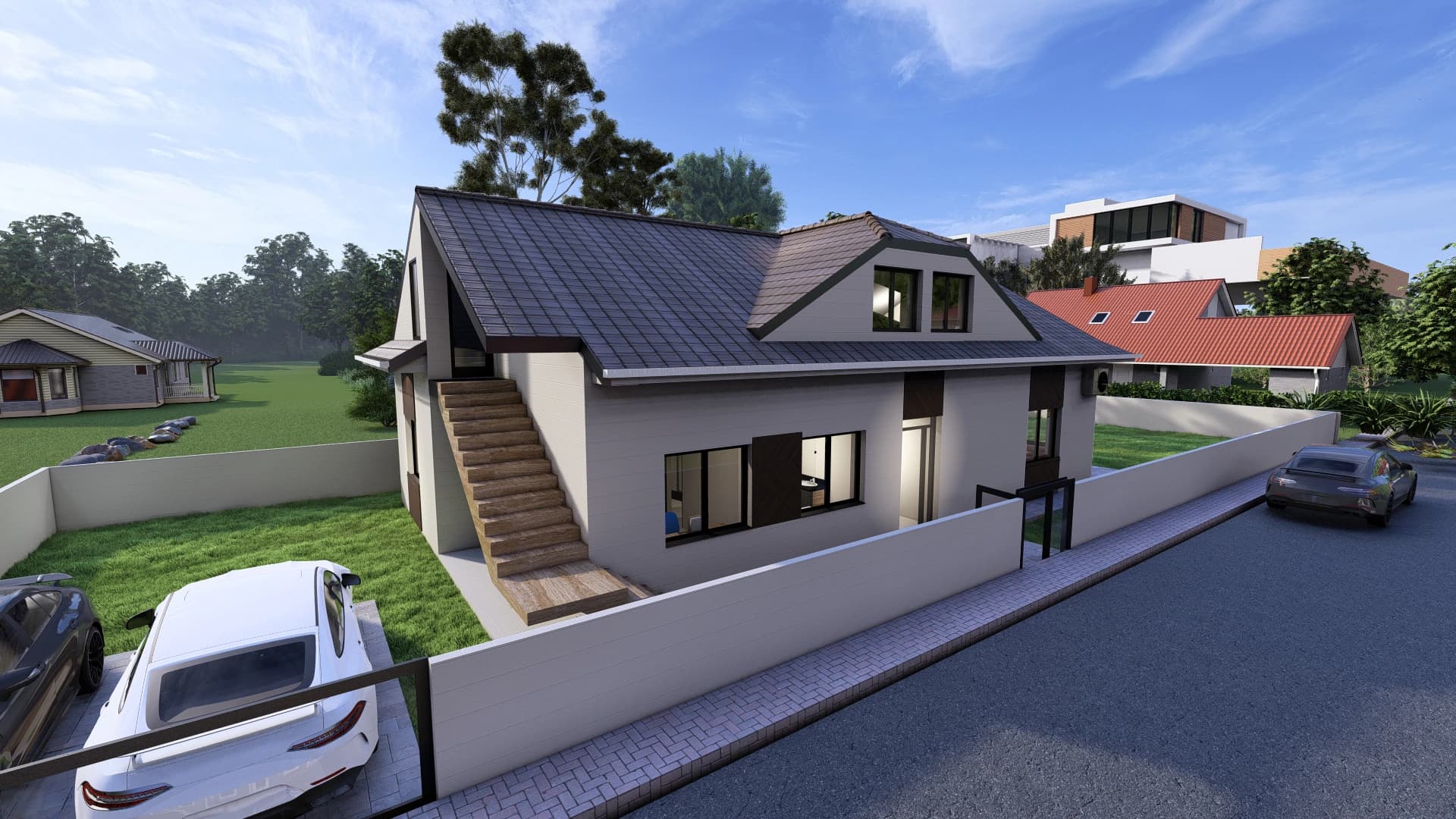 Harmonia rendering: front entrance of the Harmonia house with parking for two cars.