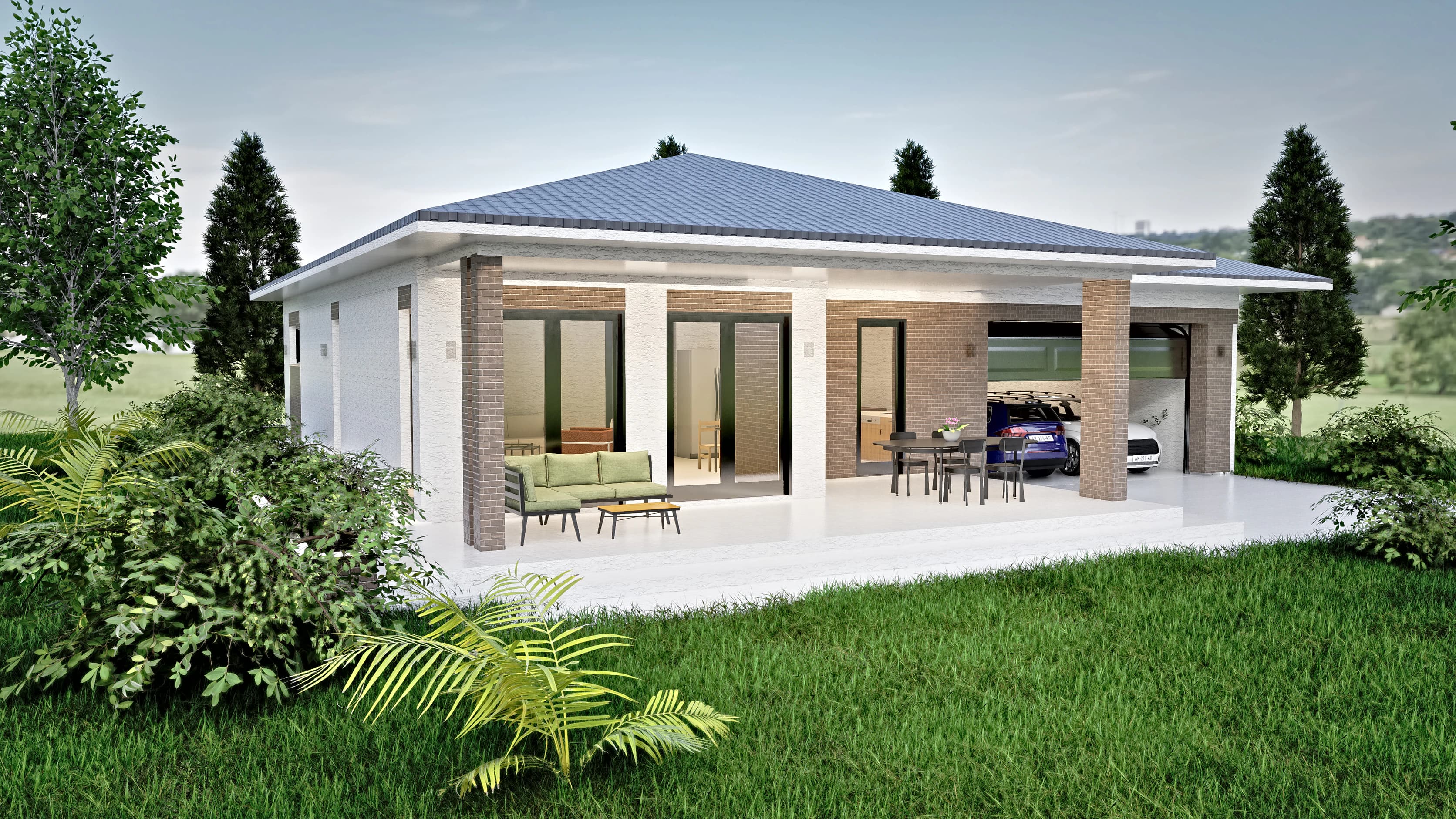 Hearth rendering: single-story family house with a hipped roof, a covered terrace on brick piers and an attached double garage