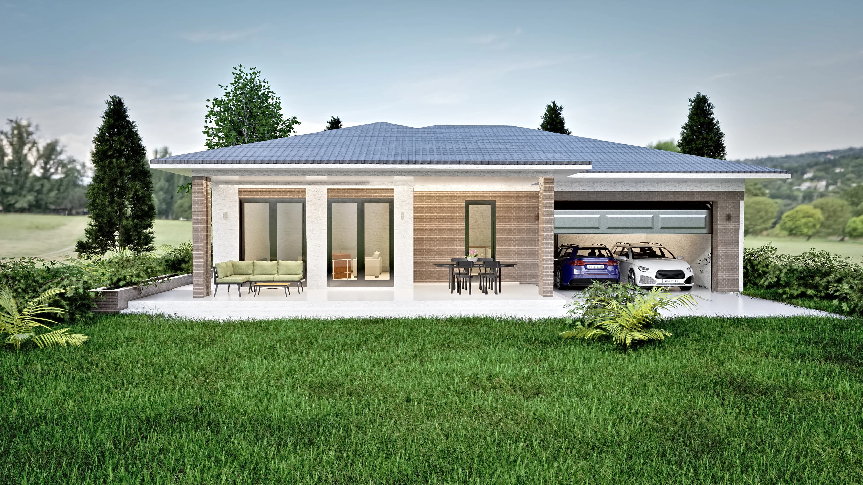Hearth rendering: side view of a single-story hipped-roof family house with brick details