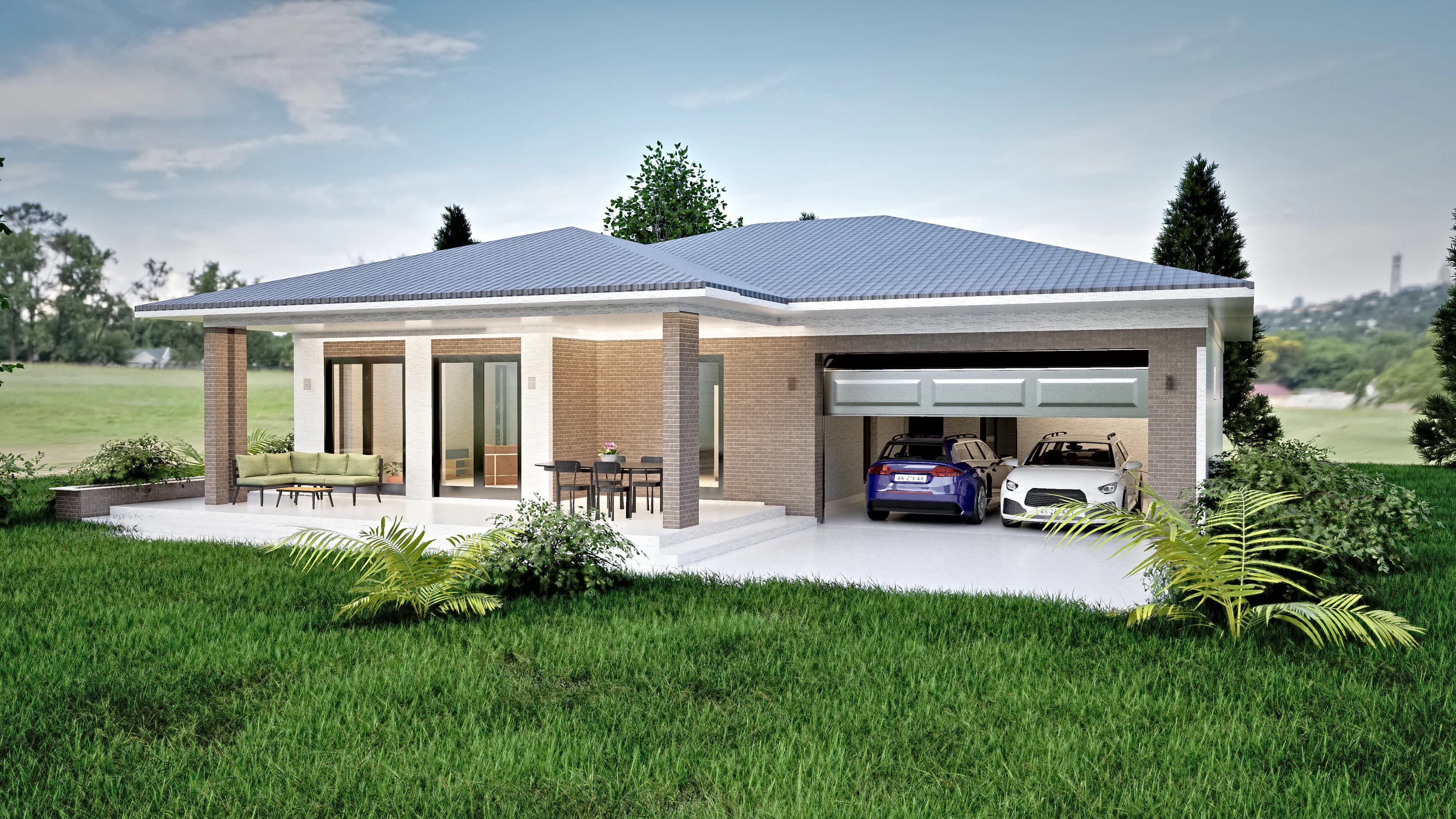 Hearth rendering: garden view of a single-story family house with large glazed doors onto the terrace